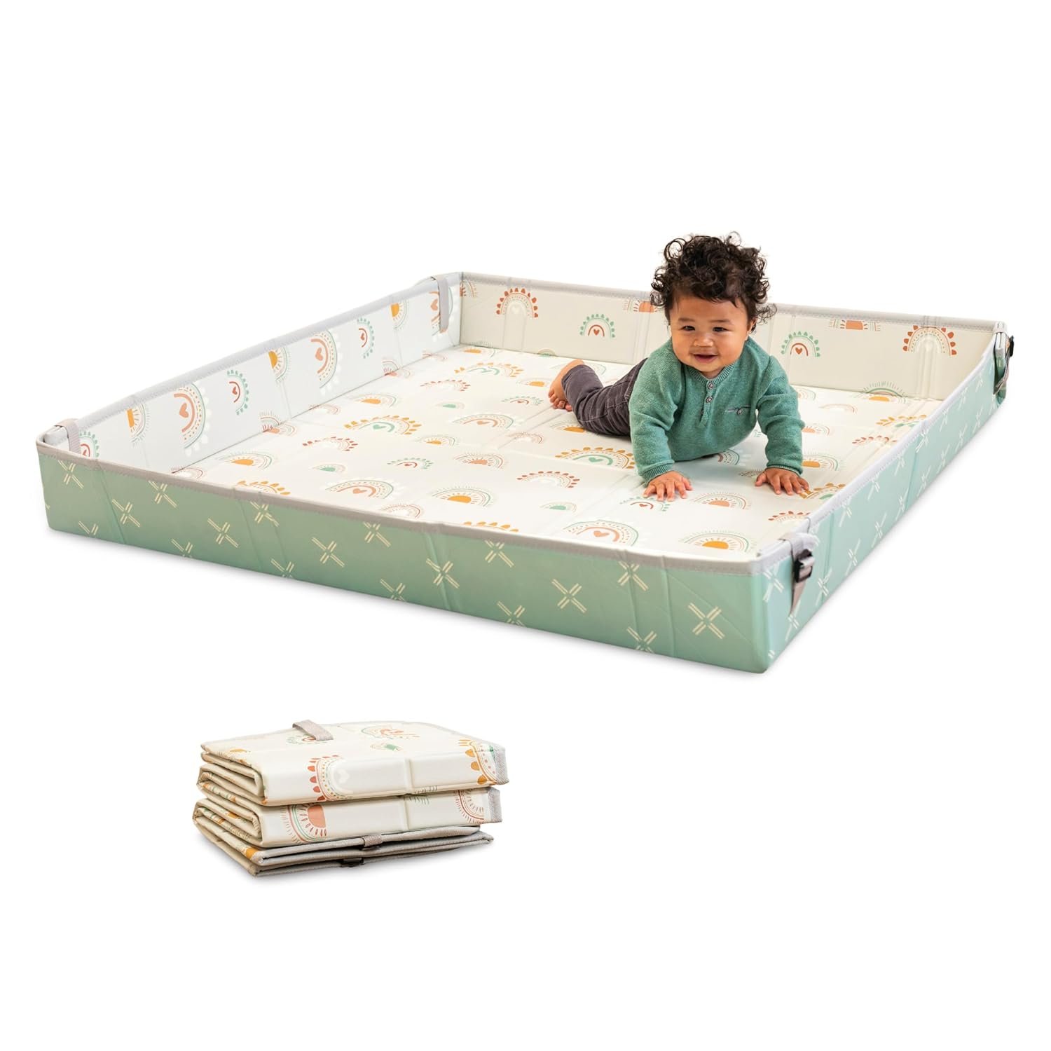 Infantino Foldable Soft Foam Play Mat, Reversible 57×57” Baby Mat for Floor Time, Lightweight, Portable & Easy to Store, Water Resistant, Wipeable, Rainbows
