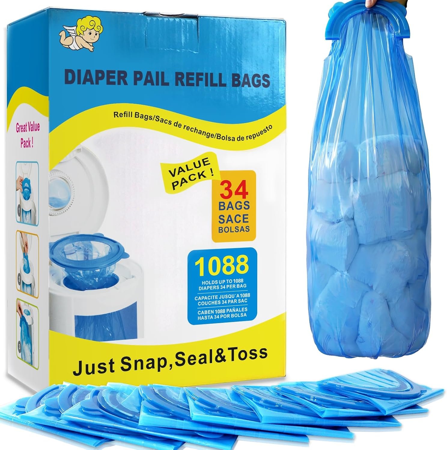 Diaper Pail Refill Bags,34 Bags Holds 1088 Counts Compatible with Arm&Hammer Diaper Pail Disposal System,Diapers Pails Snap,Seal and Toss Pail Refill Bags