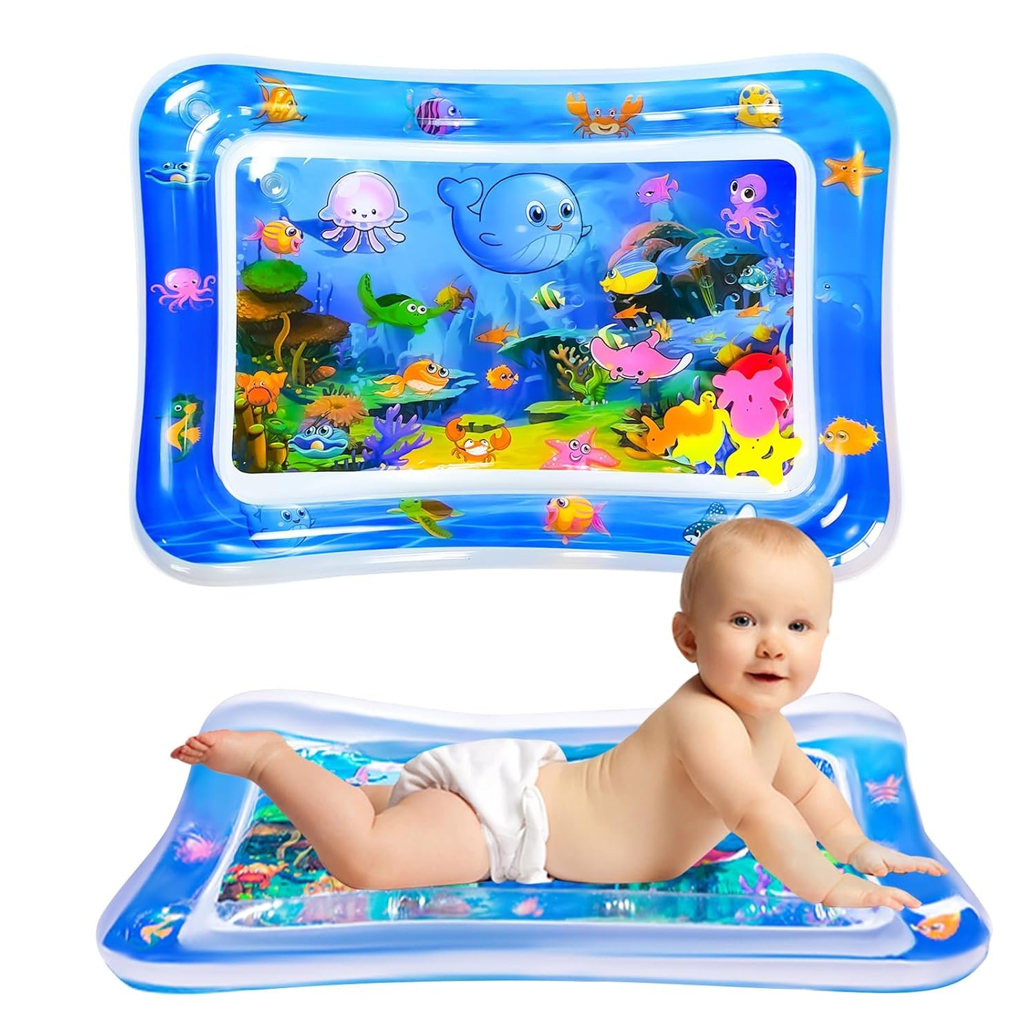 Baby Water Mat, 27x20in Inflatable Tummy Time Watermat with Climate Pledge Friendly, Safe Water Play Mat Sensory Toy for Infants 3-36 Months, Portable Travel Water Pad for Baby Gift (Blue)