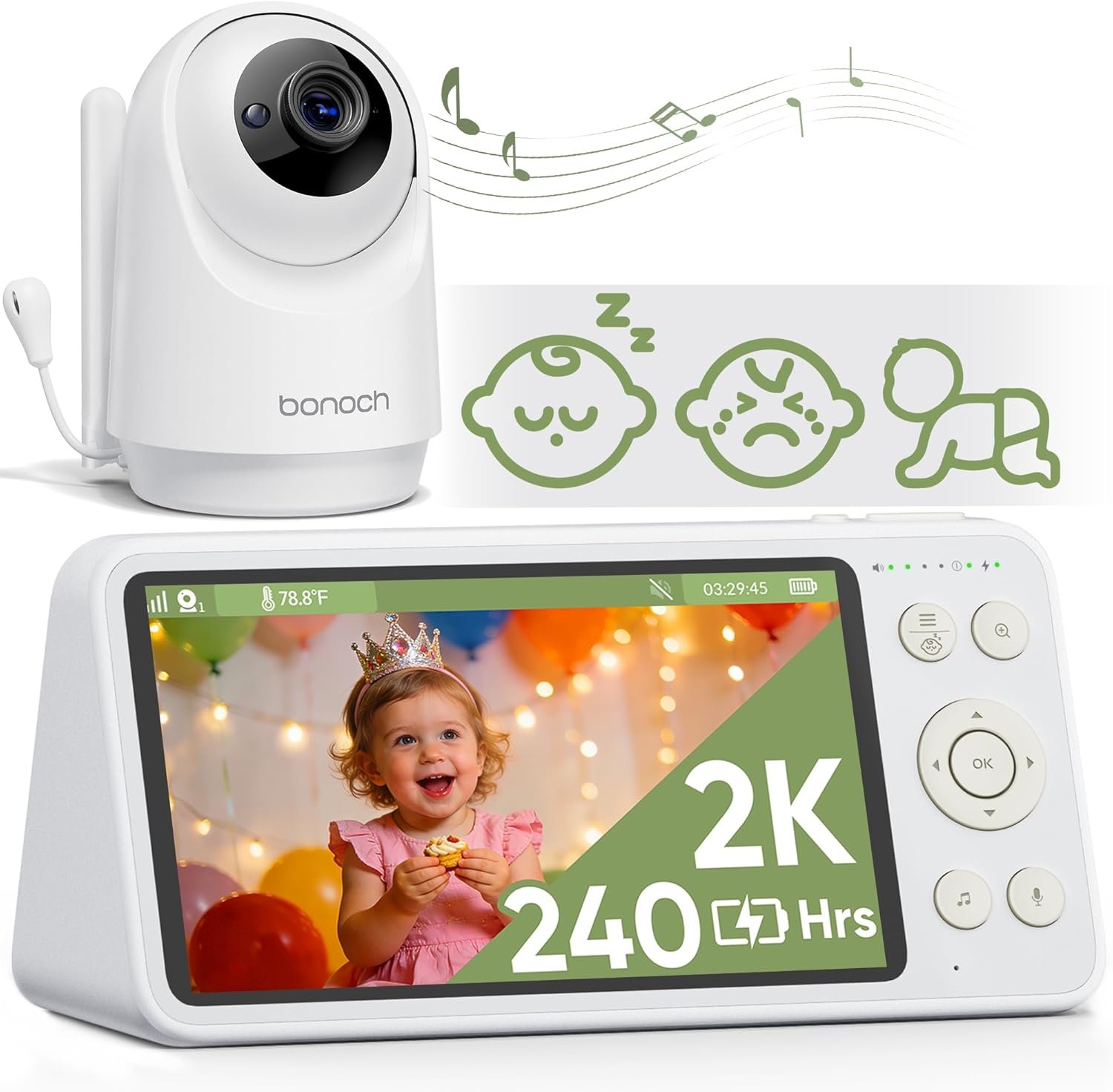 bonoch 2K 5.5″ Baby Monitor No WiFi, 1600ft Long Range Video Baby Monitor with Camera and Audio, 240h Battery, White Noise, Hack-Proof, Night Vision, Smart Detect for Cry/Sleep Turnover/Motion