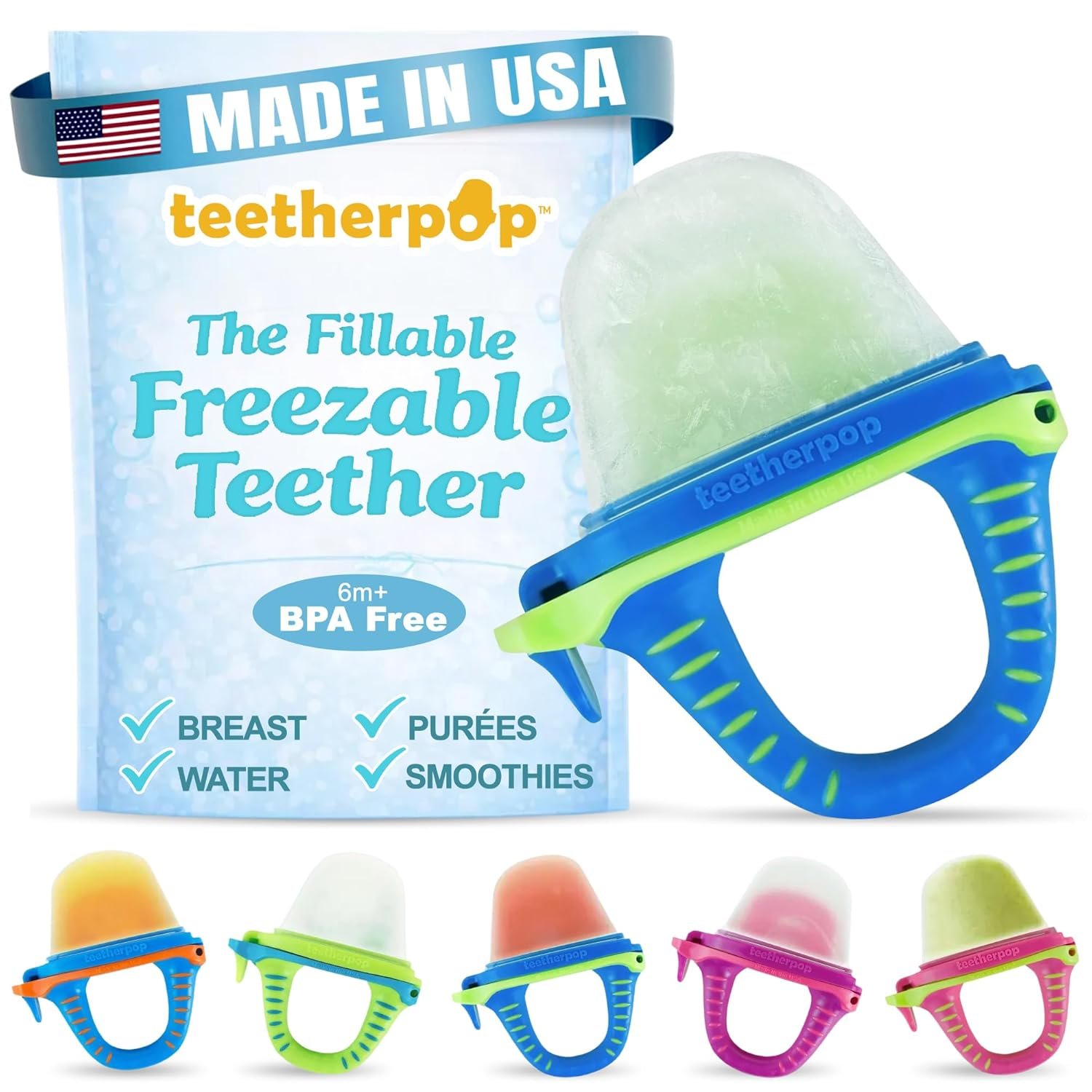 Teetherpop Fillable Freezable Teethers for Babies – Breastmilk Teether with Spill-Proof Sippy Slits – Teething Popsicle for Baby, Liquids & Purées, Cooling Teething Relief Feeder Pacifier – BlueLime