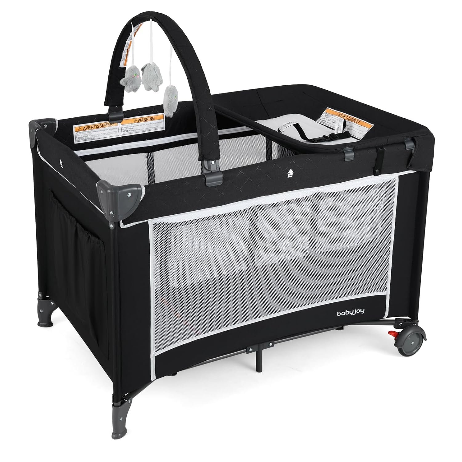 BABY JOY 3 in 1 Pack and Play, Travel Baby Crib Bassinet Bed with Bassinet, Changing Table with Safety Belt, Hanging Bar, Lockable Wheels, Portable Baby Playard from Newborn to Toddler