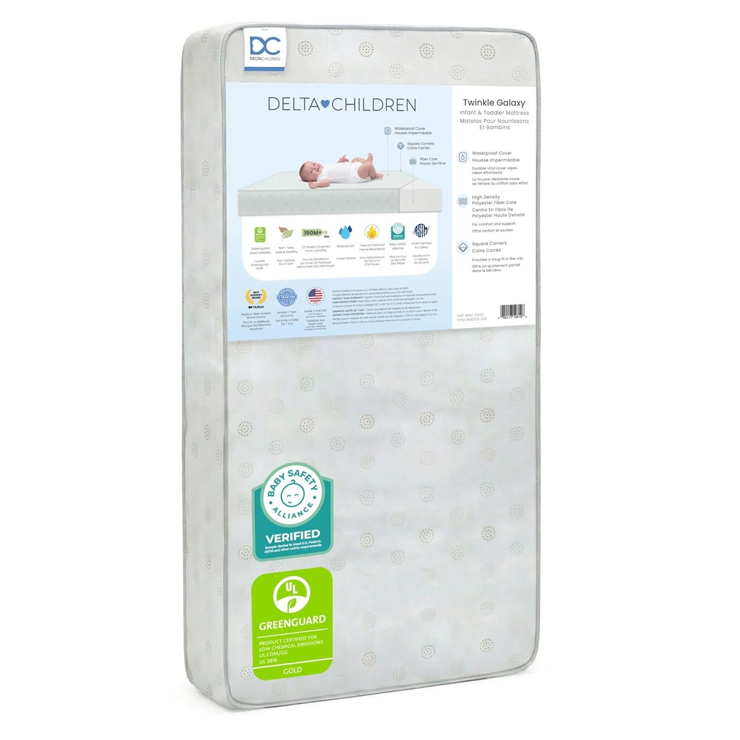 Delta Children Twinkle Galaxy Dual Sided Crib and Toddler Mattress – Premium Sustainably Sourced Fiber Core – Waterproof – GREENGUARD Gold Certified (Non-Toxic) – 7 Year Warranty – Made in USA