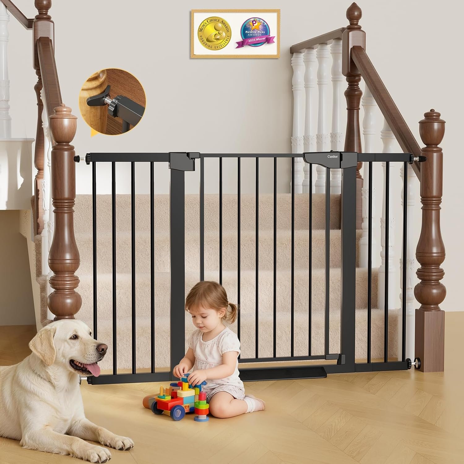 Cumbor 29.7–51.5″ Extra Wide Baby Gate for Stairs, Pressure-Mounted Dog Gates for Doorways & Hallways, Auto-Close Walk-Through, No-Trip Design, Child Proof Safety, Dog/Pet Gate for Indoor Use, Black