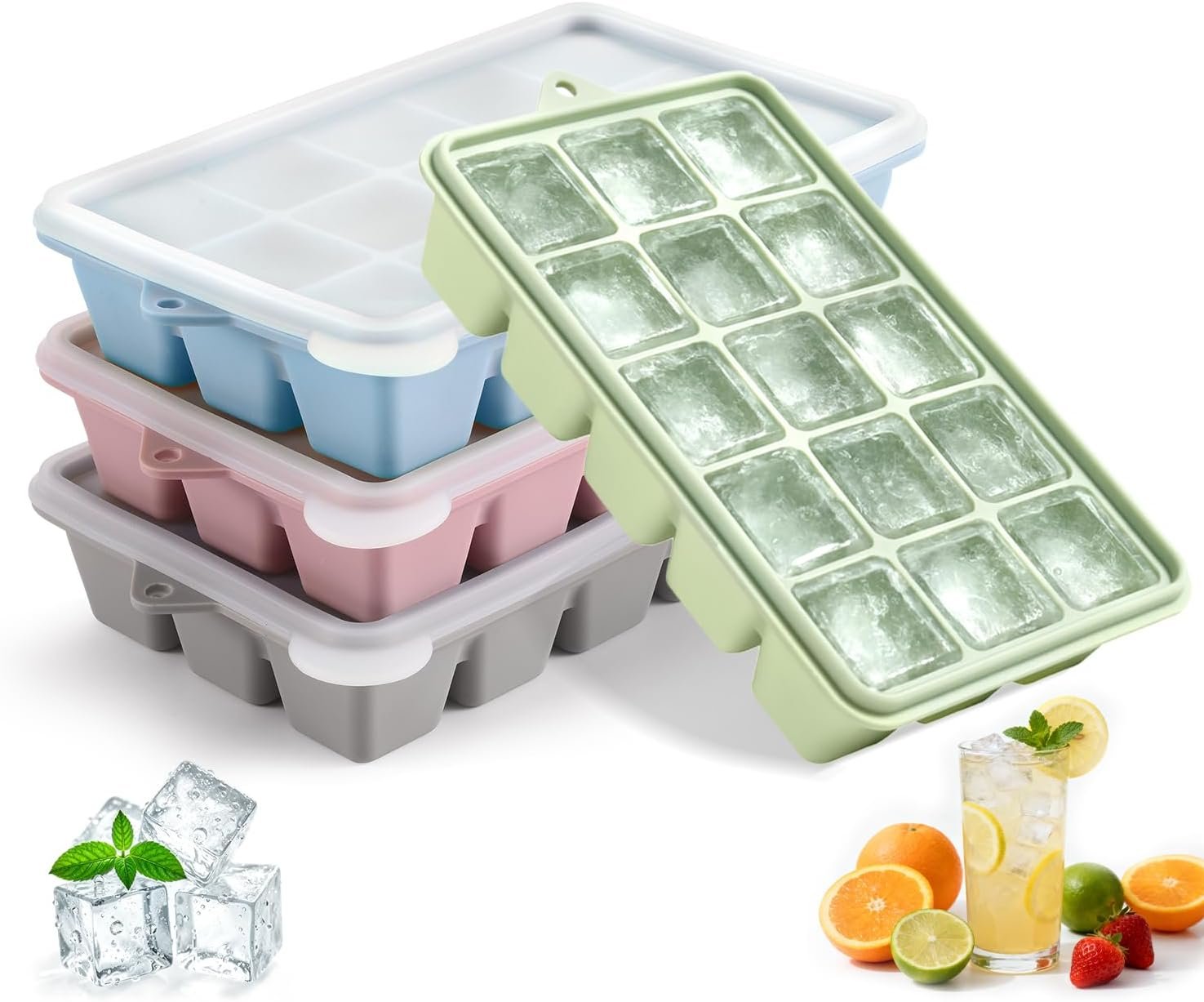 Silicone Ice Cube Trays with Lid, Set of 4, Easy Release Ice Molds, Reusable and Stackable Ice Trays for Freezer for Cocktail, Whiskey, Baby Food, BPA Free (Multicolour)