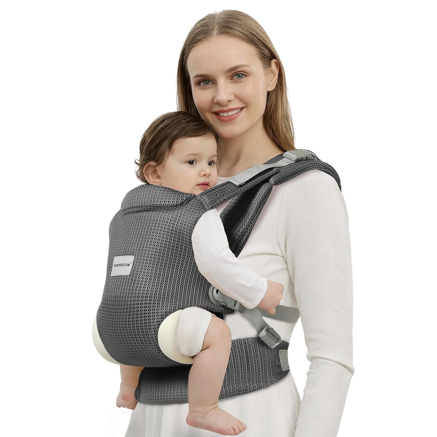 MISSWISDOM Baby Carrier Newborn to Toddler, Easy Adjustable Toddler Carrier for 7-30lbs, Baby Holder Wrap Carrier, Breathable Mesh Fabric Infant Kangaroo Hip Carriers with Lumbar Support, Grey