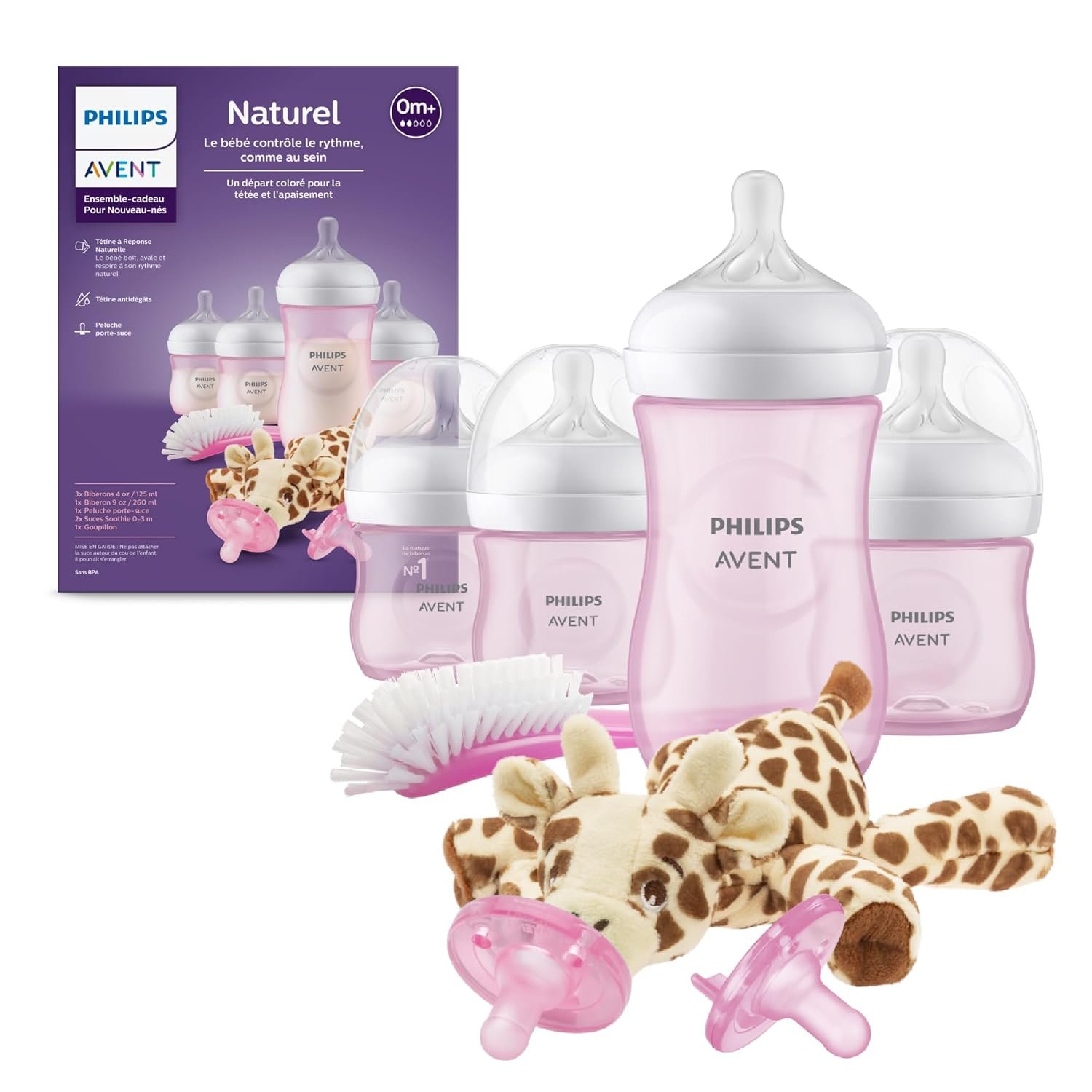 Philips Avent Natural Response Baby Gift Set – 3X 4oz Pink Bottles with Slow Flow Nipples (Flow 2), 1x 9oz Pink Bottle with Medium Flow Nipples (Flow 3), 2X Soothie Pacifiers 0-3m, SCD838/03