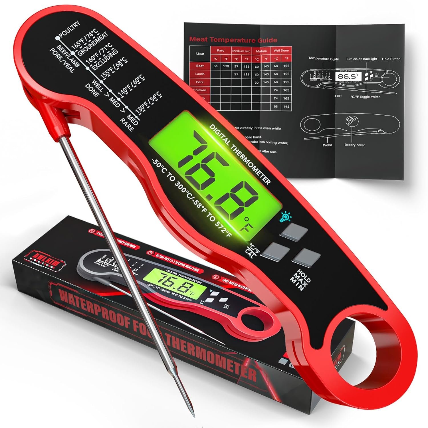 AWLKIM Meat Thermometer Digital – Instant Read Waterproof Food Thermometer with Backlight for Cooking, Grill, Candy, Kitchen & Stocking Stuffers for Men – Red