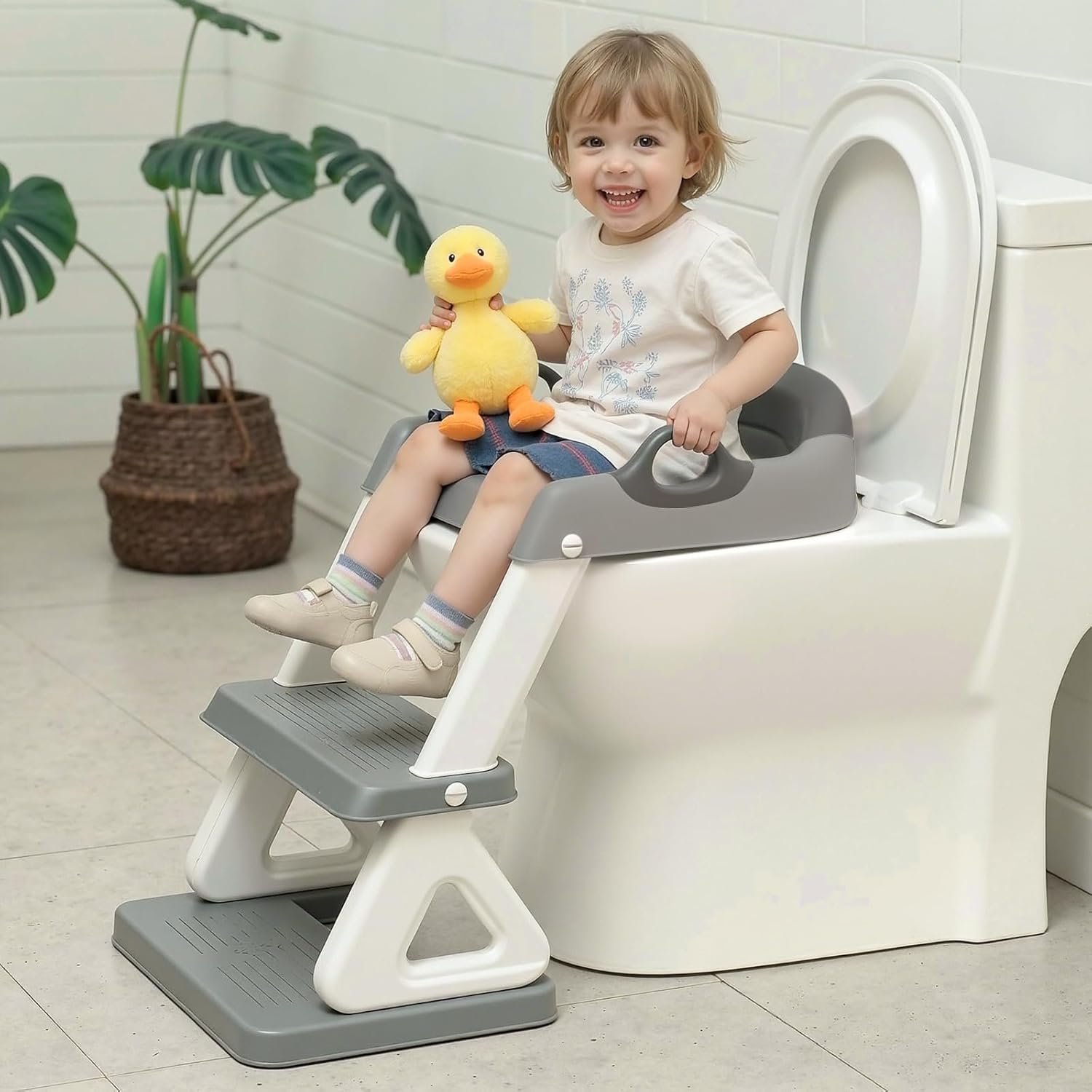 Potty Training Toilet Seat with Step Stool Ladder for Boys and Girls, 2 in 1 Potty Training Toilet, Splash Guard Anti-Slip Pad Step Stool（Gray-White) Pedal Upgrade