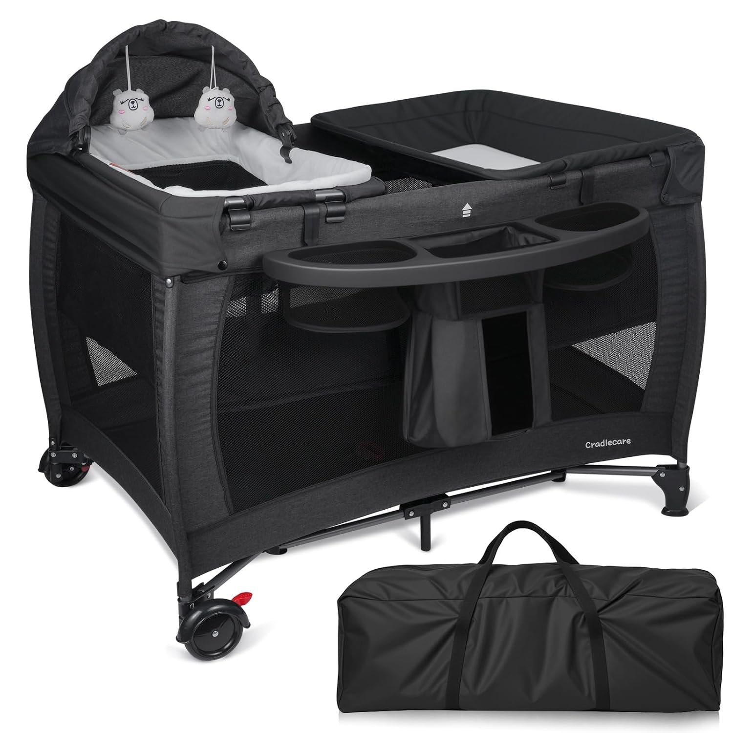 5 in 1 Pack and Play with Bassinet & Changing Table, Portable Foldable Playpen for Babies and Toddlers with Locking Wheels & Diaper Storage, Easy Fold Travel Playard (Black)