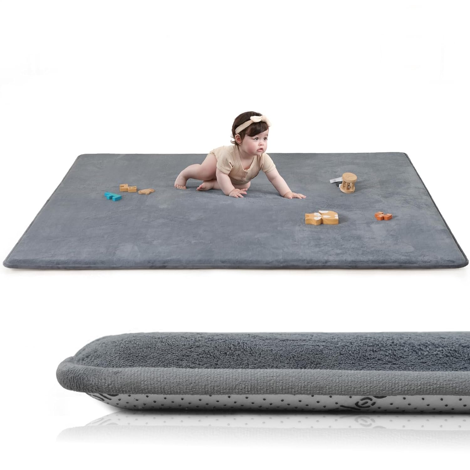 Huloo Sleep Baby Play Mat for Floor,1.3″ Thick Elasti-Foam 74″×50″ Playpen Mat, Non-Toxic Certified Water-Repellent Coral Velvet, Non-Slip Safe Crawling Mat for Tummy Time, Toddler & Infant (Dark Grey)