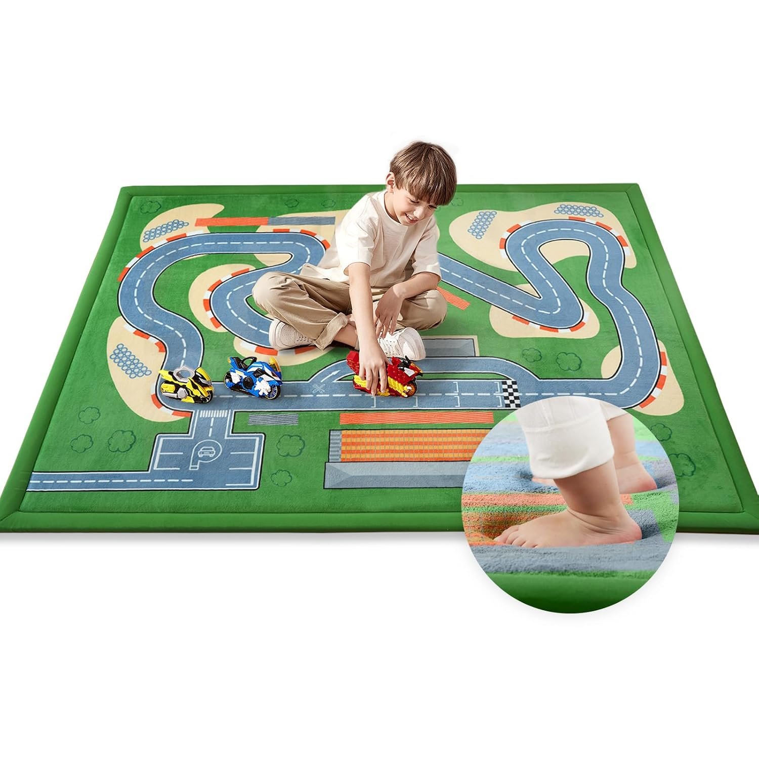 1.3″ Thick Educational Baby Floor Play Mat 59×79, Basic Padded Memory Foam Kids Mat, Non-Slip Plush Playmat for Nursery Playroom Classroom (Race Track)