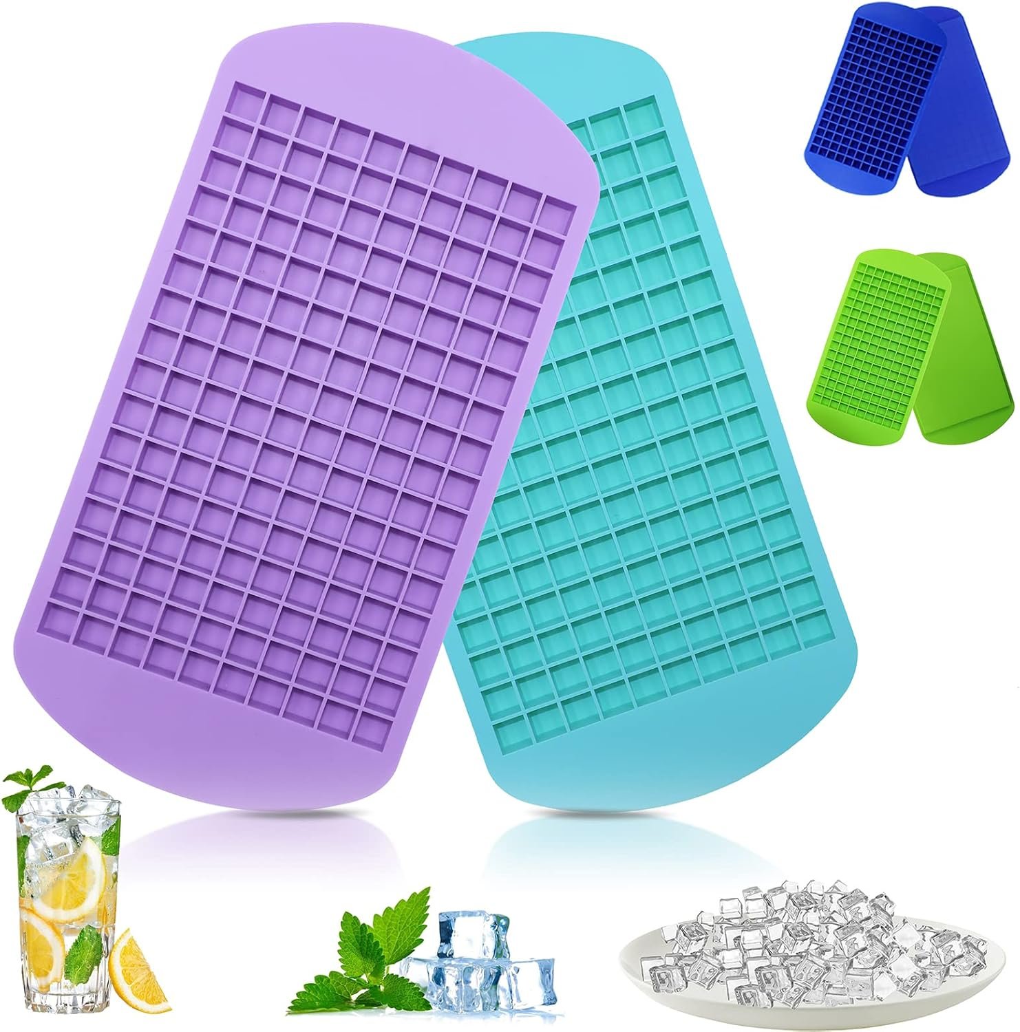 Silicone Mini Ice Cube Trays 2 Pack, 160 Small Ice Cube Molds Easy Release Crushed Ice Cube for Chilling Whiskey Cocktail, BPA Free Flexible Stackable and Durable Soft Mold Storage Containers