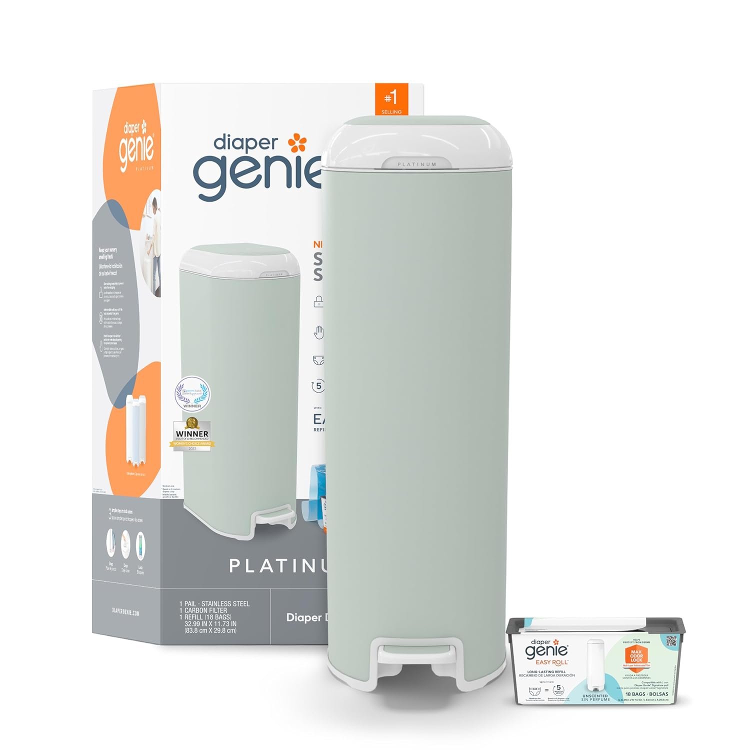 Diaper Genie Platinum Pail (Sage Green) is Made in Durable Stainless Steel and Includes 1 Easy Roll Refill with 18 Bags that can Last up to 5 Months.