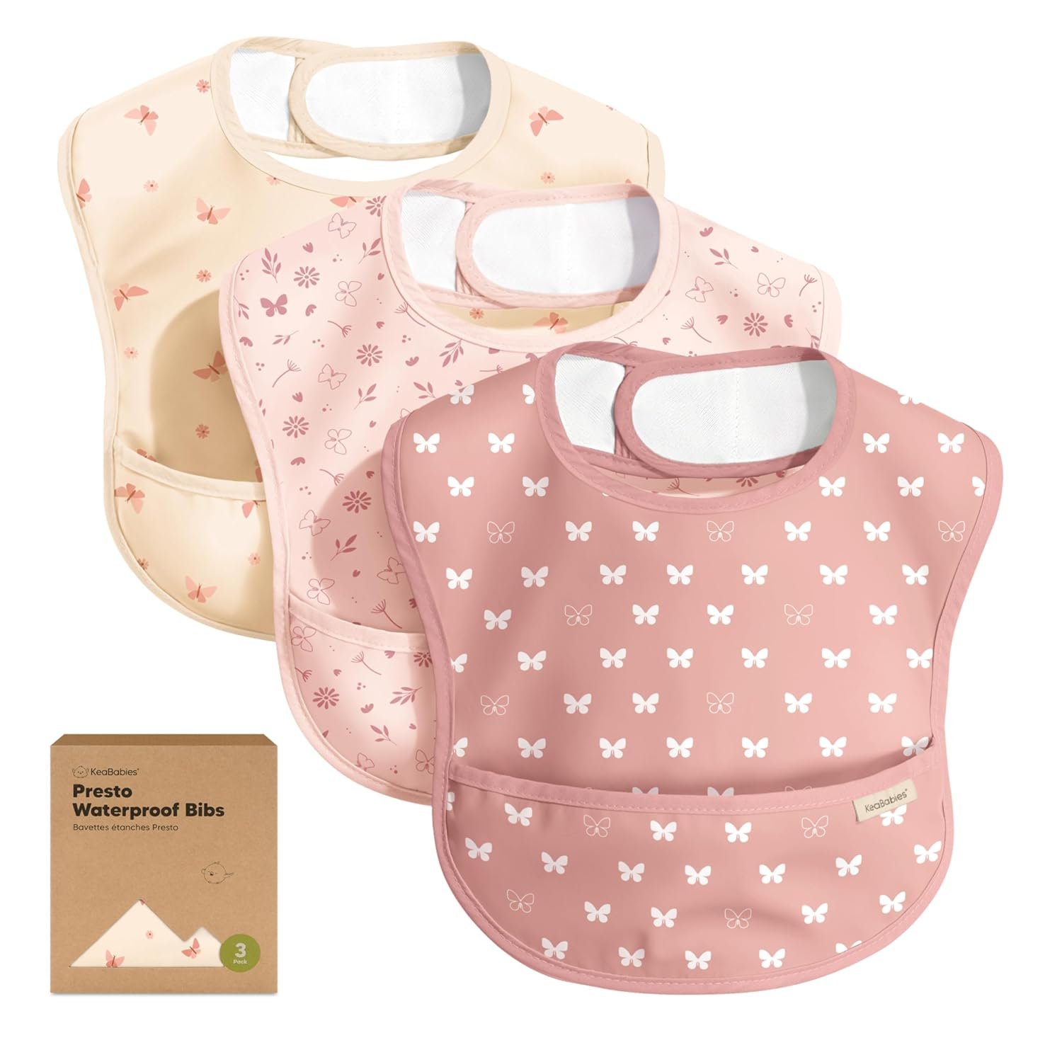 KeaBabies 3-Pack Waterproof Baby Bibs for Eating – Lightweight Toddler Feeding Bibs with Large Food Catcher, Mess Proof, Food-Grade Baby Eating Essentials, Easy to Put On & Clean (Butterflies)