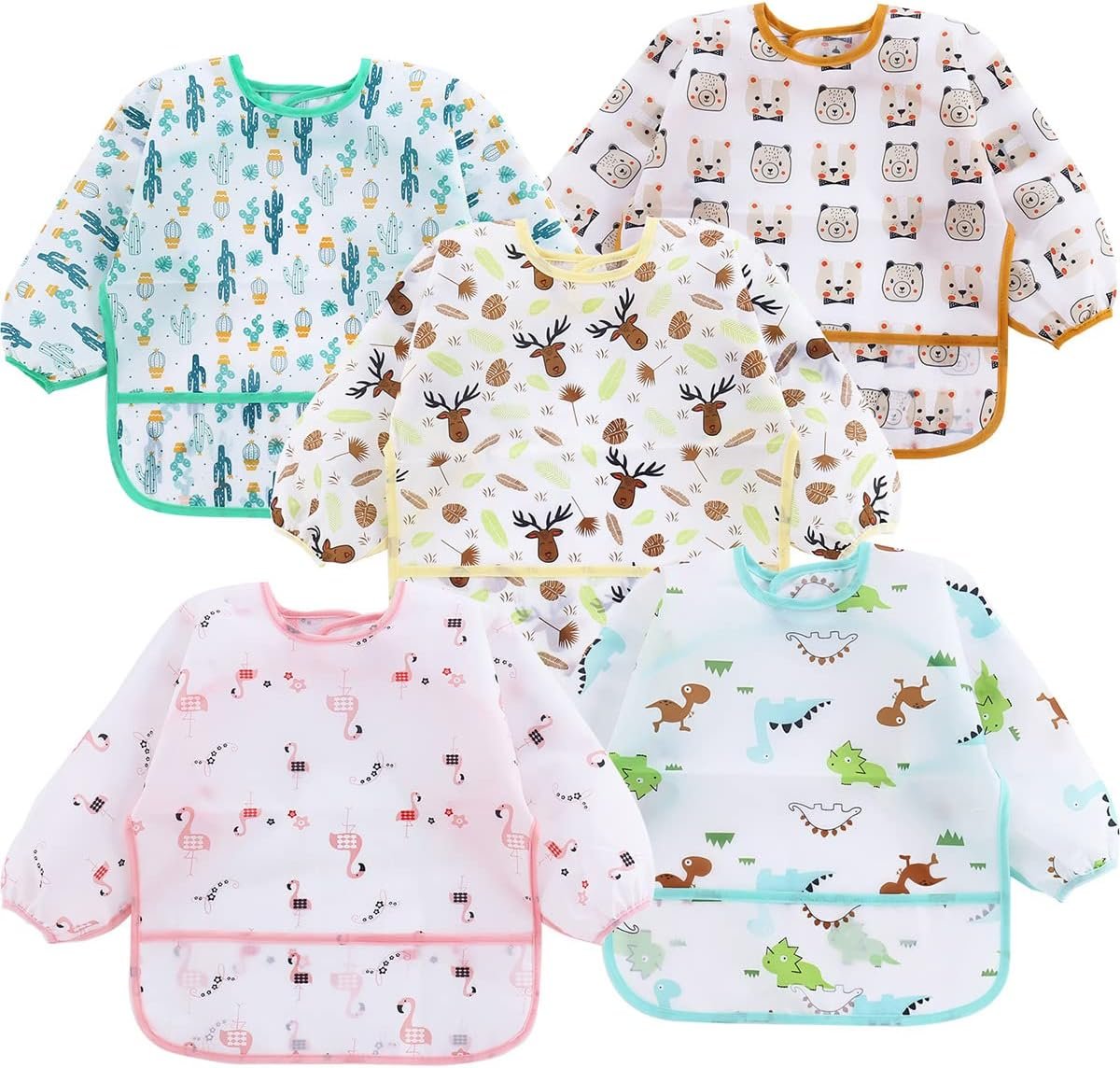 PandaEar 5 Pack Long Sleeve Bibs for Babies 6-24 Months, Lightweight Waterproof Toddler Smock for Eating & Messy Art, Washable Weaning Bibs with Stay-Open Pocket, Breathable & Travel-Friendly