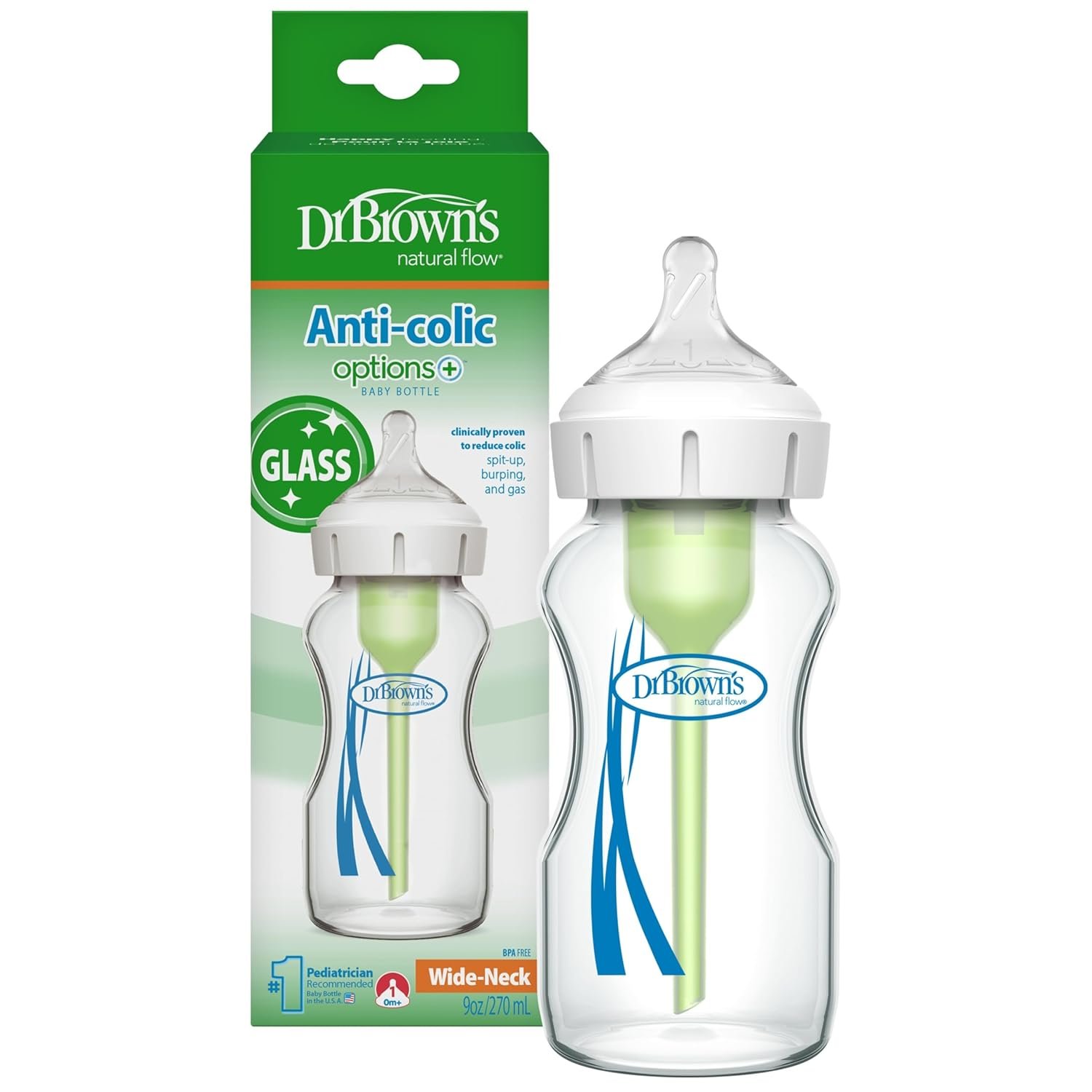 Dr. Brown’s Natural Flow Anti-Colic Options+ Wide-Neck Glass Baby Bottle 9 oz/270 mL,with Level 1 Slow Flow Nipple,1 Pack,0m+