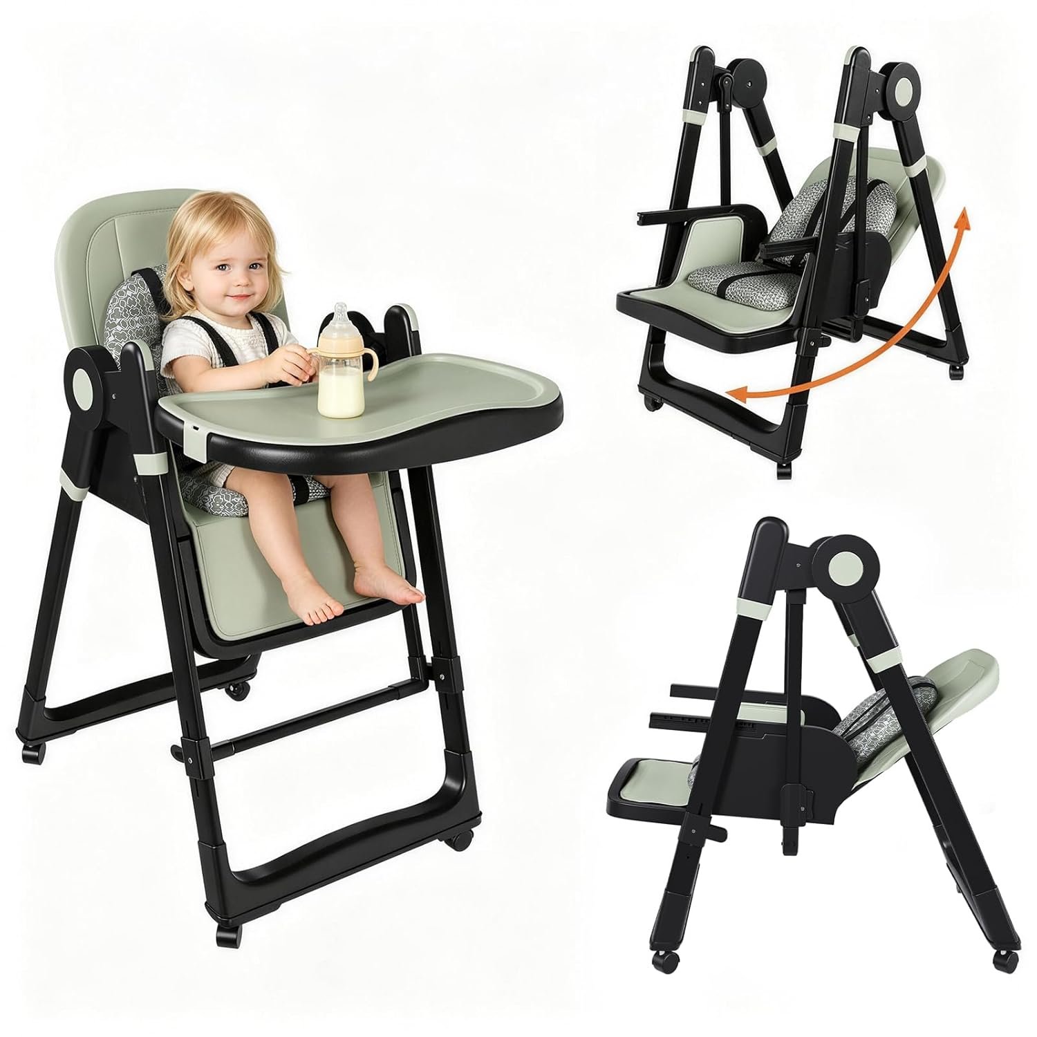 Foldable Baby High Chair with 150° Swing & Recline,Convertible High Chairs for Babies and Toddlers,5 Height Levels,3 Backrest & Footrest Positions,Removable Double Tray,Lockable Wheels (Dark Green)