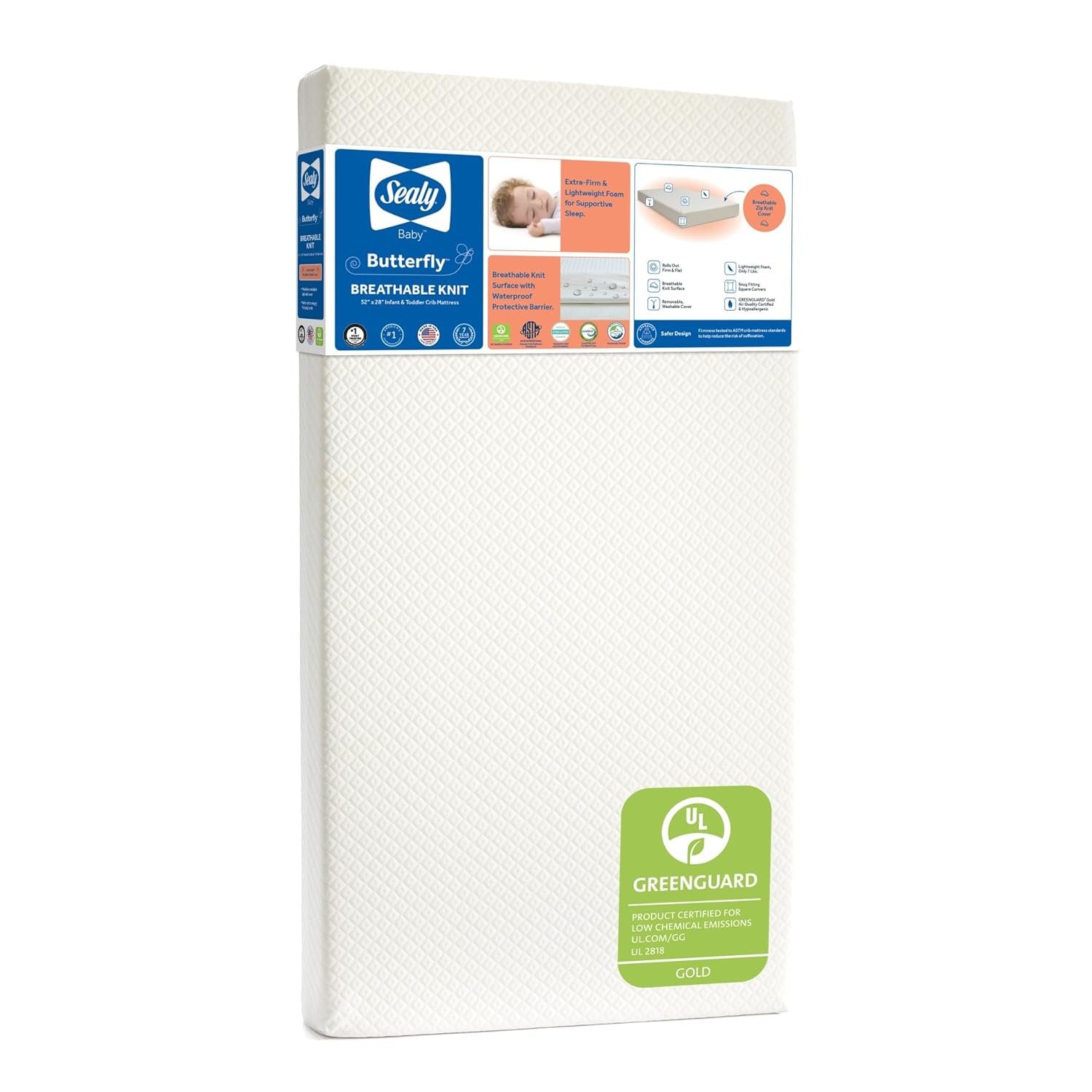 Sealy Baby Infant and Toddler Crib Mattress – Butterfly Breathable Knit Waterproof, Greenguard Gold Certified, Made in USA