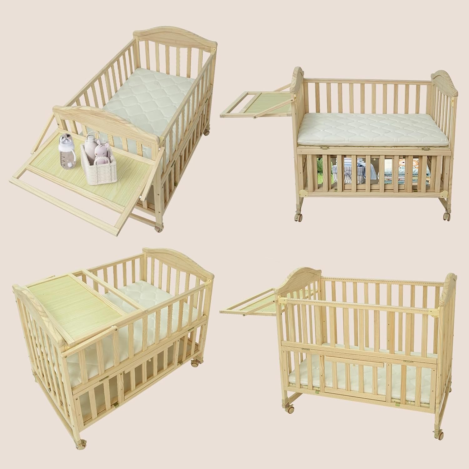 Flwrgirl Portable Mini Baby Crib – Cunas para Bebes with Changing Shelf and Mattress Included,2025 Wheeled Wood Baby Bassinet,Bassinet Bedside Co Sleeper for Small Room,Unpainted