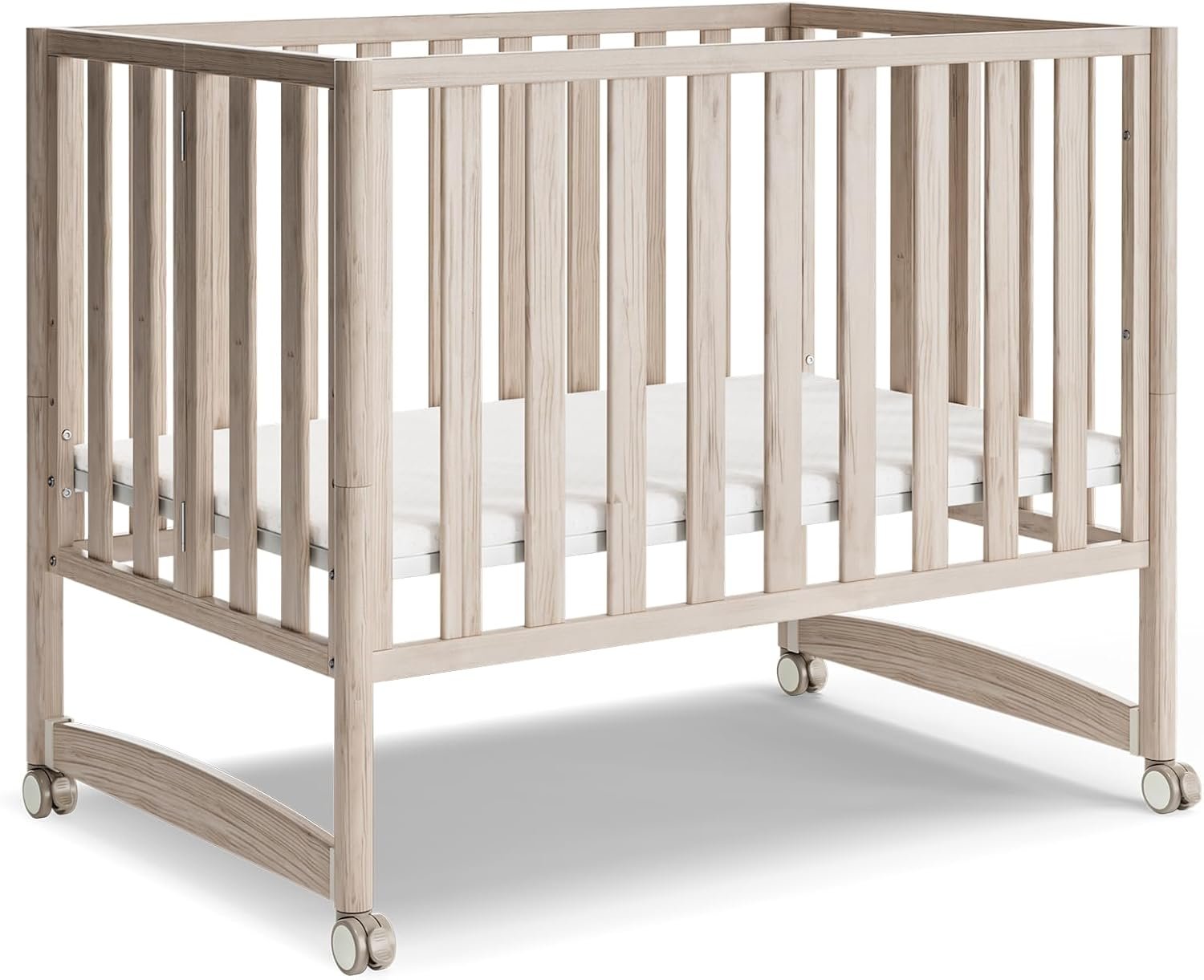 MAMAZING EvoNook 4 in 1 Baby Convertible Mini Crib with Wheels, GREENGUARD Gold Certified, 100% New Zealand Wood, 4 Adjustable Mattress Heights, Portable Cribs for Small Spaces, Washed Natural