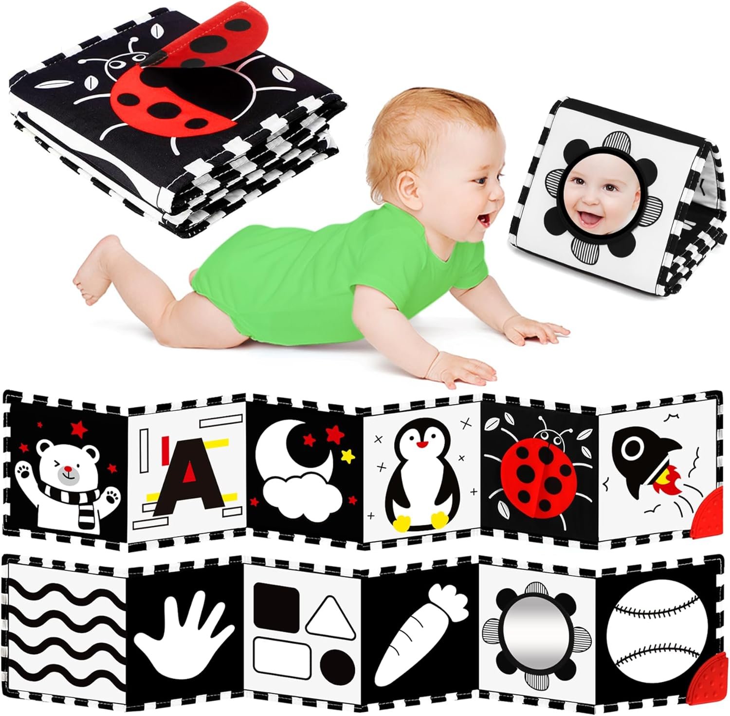 BBWOO High Contrast Baby Toys for Newborn, Tummy Time Mirror, Black and White Baby Toy for 0-6 Months, Soft Montessori Visual Stimulation Infant Book, Boy Girl Shower Gift