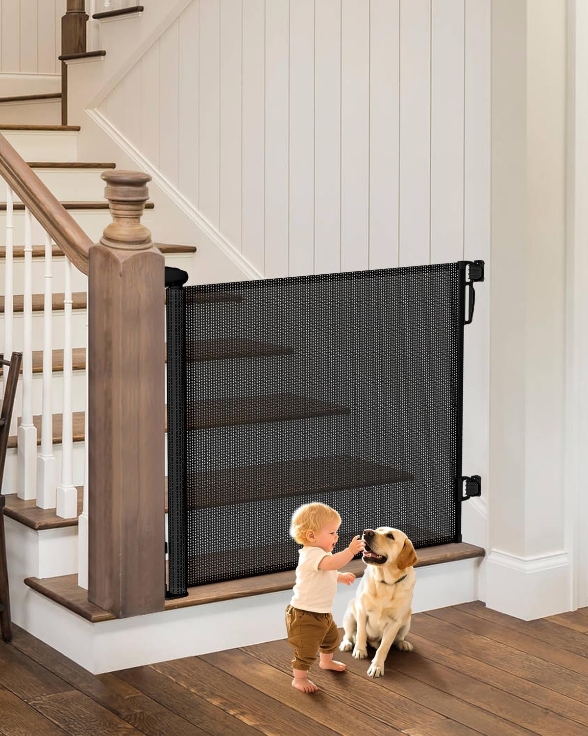 Retractable Baby Gate – 55″ Wide Mesh Pet Gate with Anti-Crawling Hook, Safety Lock, One-Hand Operation, 34″ Tall Baby Gate for Stairs, Doorways, Hallways, Garage, Indoor Outdoor, Black