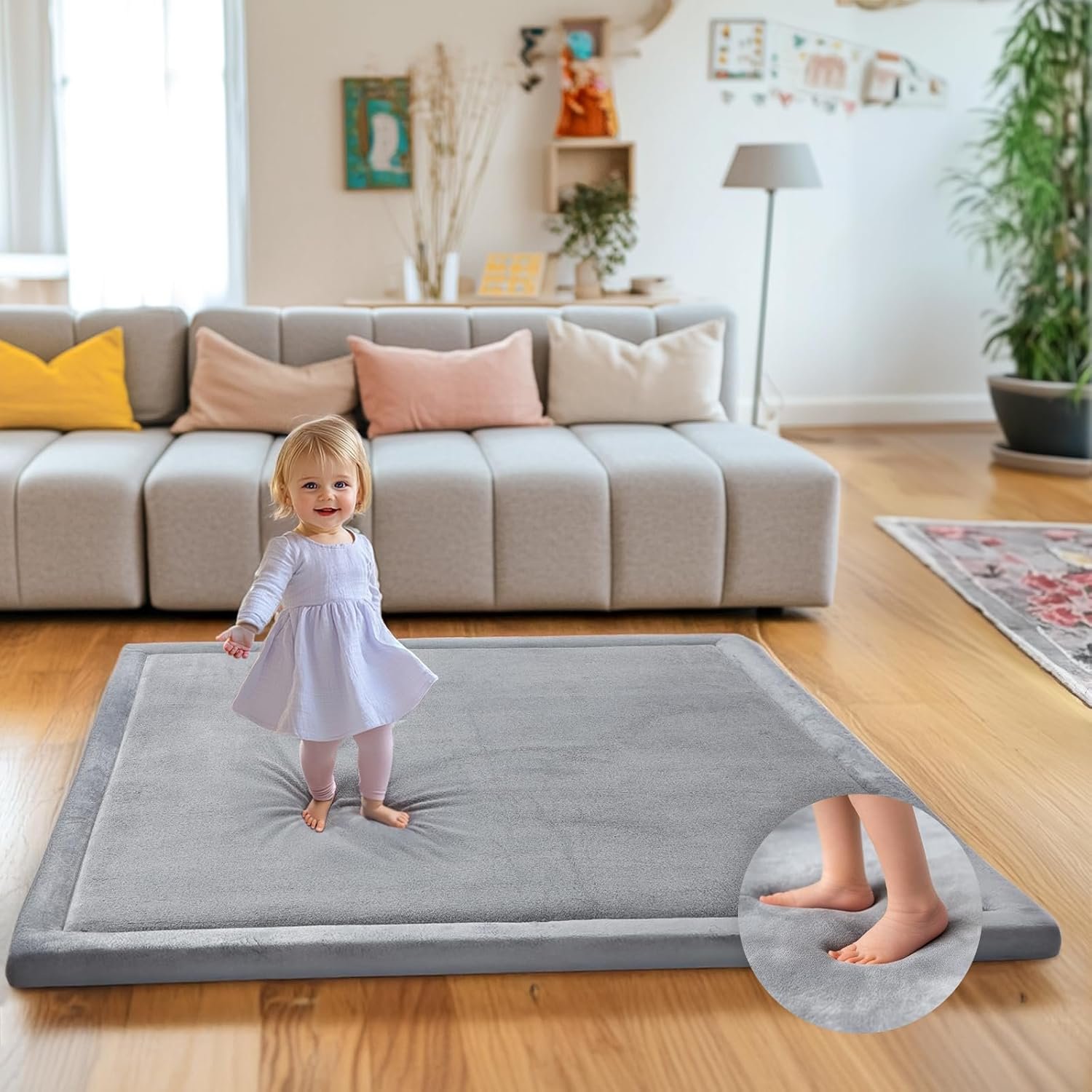 Mallify Ultra Soft 1.3″ Thick Baby Play Mat for Floor, Large Velvet 50″x50″ Playpen Mat for Babies, Toddlers, Infants, Kids, Baby-Safe & Non-Slip for Tummy Time and Crawling, Gray