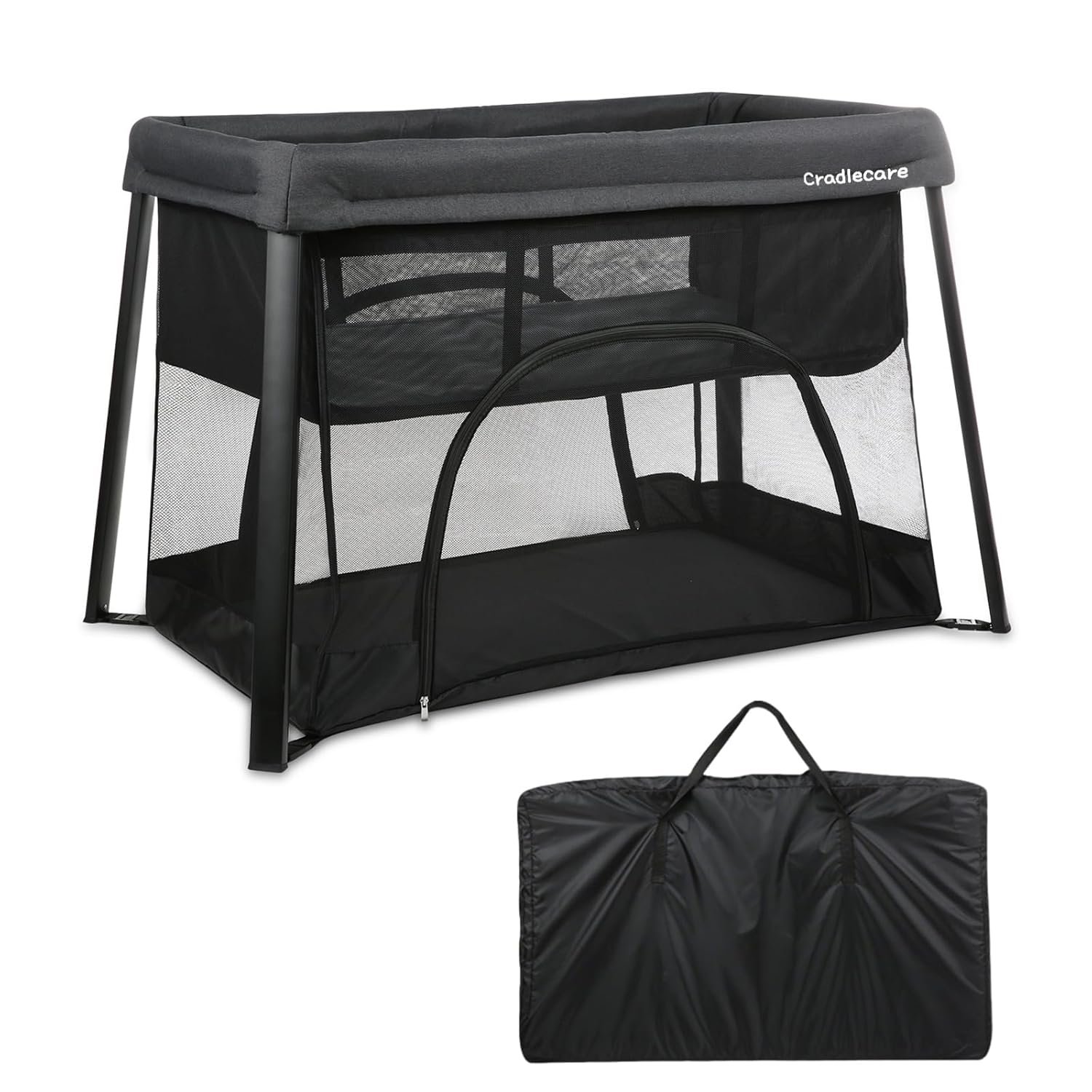 Travel Pack and Play with Bassinet & Mattress, Lightweight Portable Baby Bed, Foldable Playard for Travel & Home, Easy Setup Playpen for Babies & Toddlers with Storage Bag (Black)