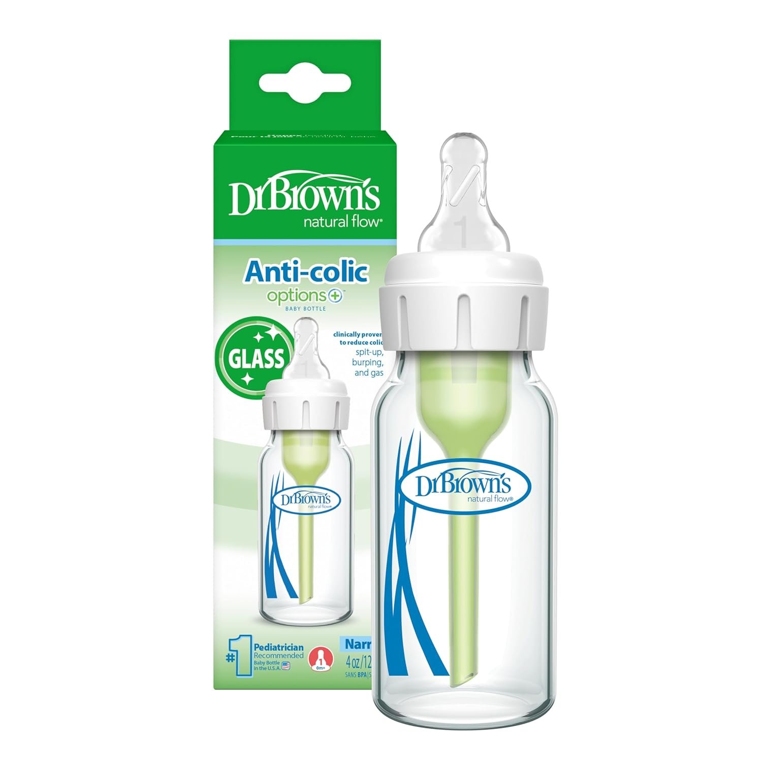 Dr. Brown’s Anti-Colic Options+ Narrow Glass Baby Bottle with Level 1 Slow Flow Nipple, BPA-Free, 4 oz/120mL, 0m+, 1-Pack (Packaging May Vary)