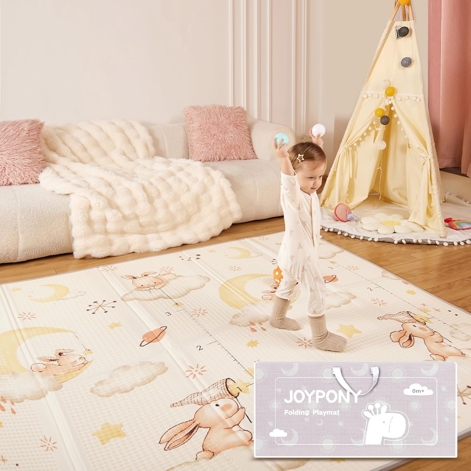 Joypony Baby Play Mat 71×59 Inches, Foldable Play Mats for Babies and Toddlers, Waterproof & Anti-Slip Portable Baby Floor Mat for Tummy Time, Baby Mat for Floor with Travel Bag for Indoor Outdoor