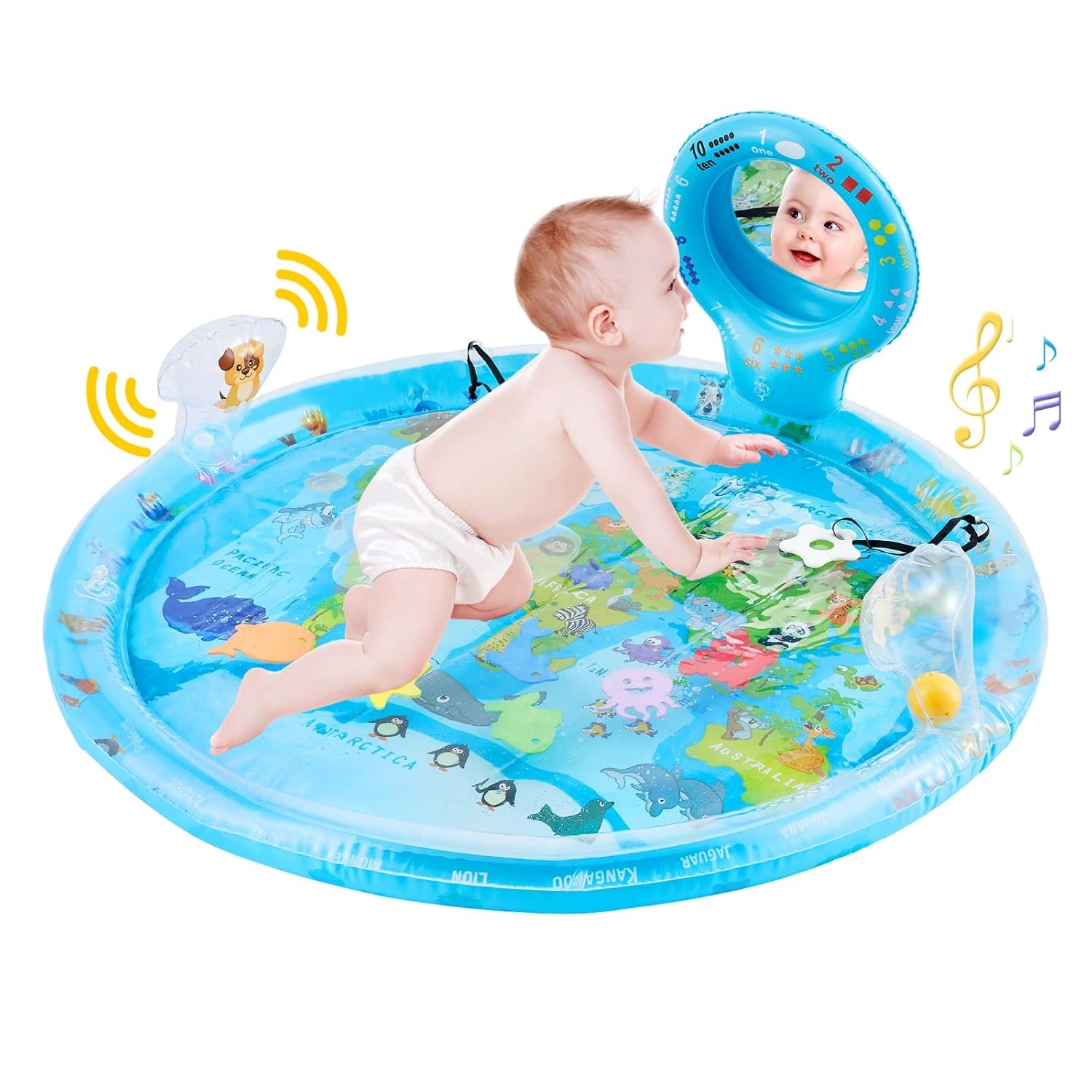 Tummy Time Mat Extra Large 31.5″×31.5″ for 3-12 Months Baby, Inflatable Water Playmat with Mirror, Teethers, Rattles & Squeaker, Sensory Activity Center for Motor Development, Visual Stimulation