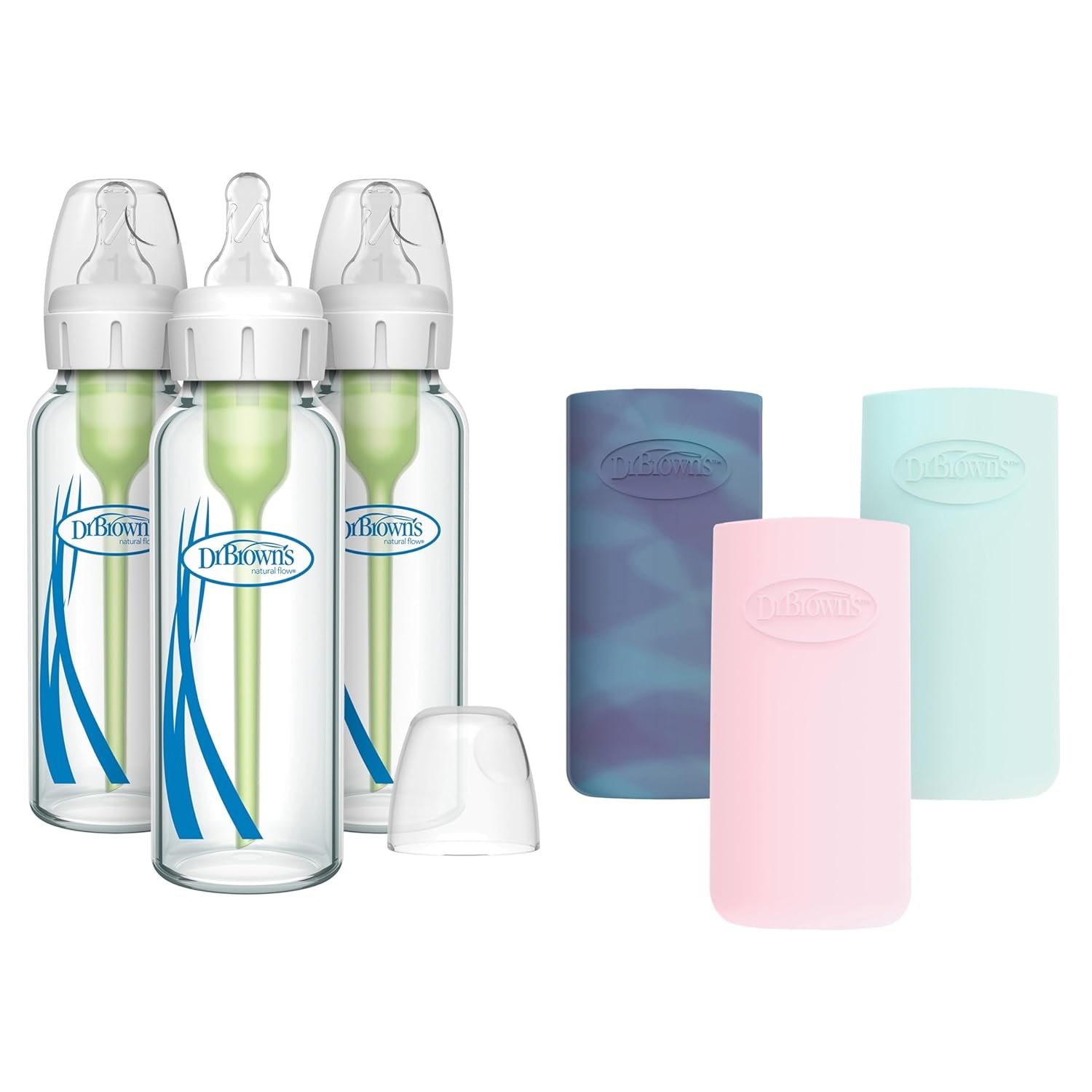 Dr. Brown’s Anti-Colic Options+ Narrow Glass Baby Bottles with Silicone Sleeves, Glow, Mint, Pink, BPA-Free, 8 oz/250 mL, 0m+, 3-Pack