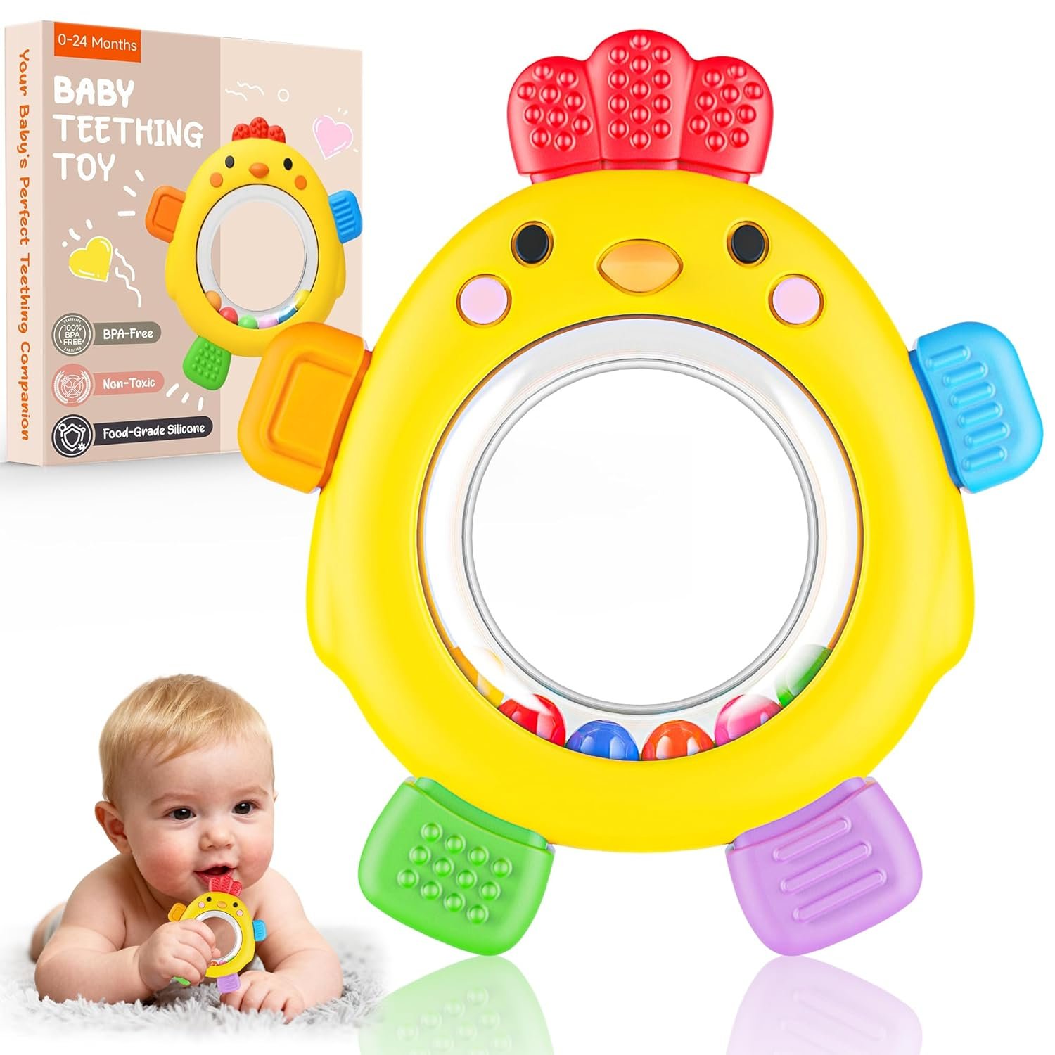 Teething Rings with Rattle & Sensory Toy BPA Free Silicone Teethers for Babies 6-12 Months Baby Teething Relief Chew Toys for Infant Newborn, Babies Essential for Boys Girls 0-24 Months