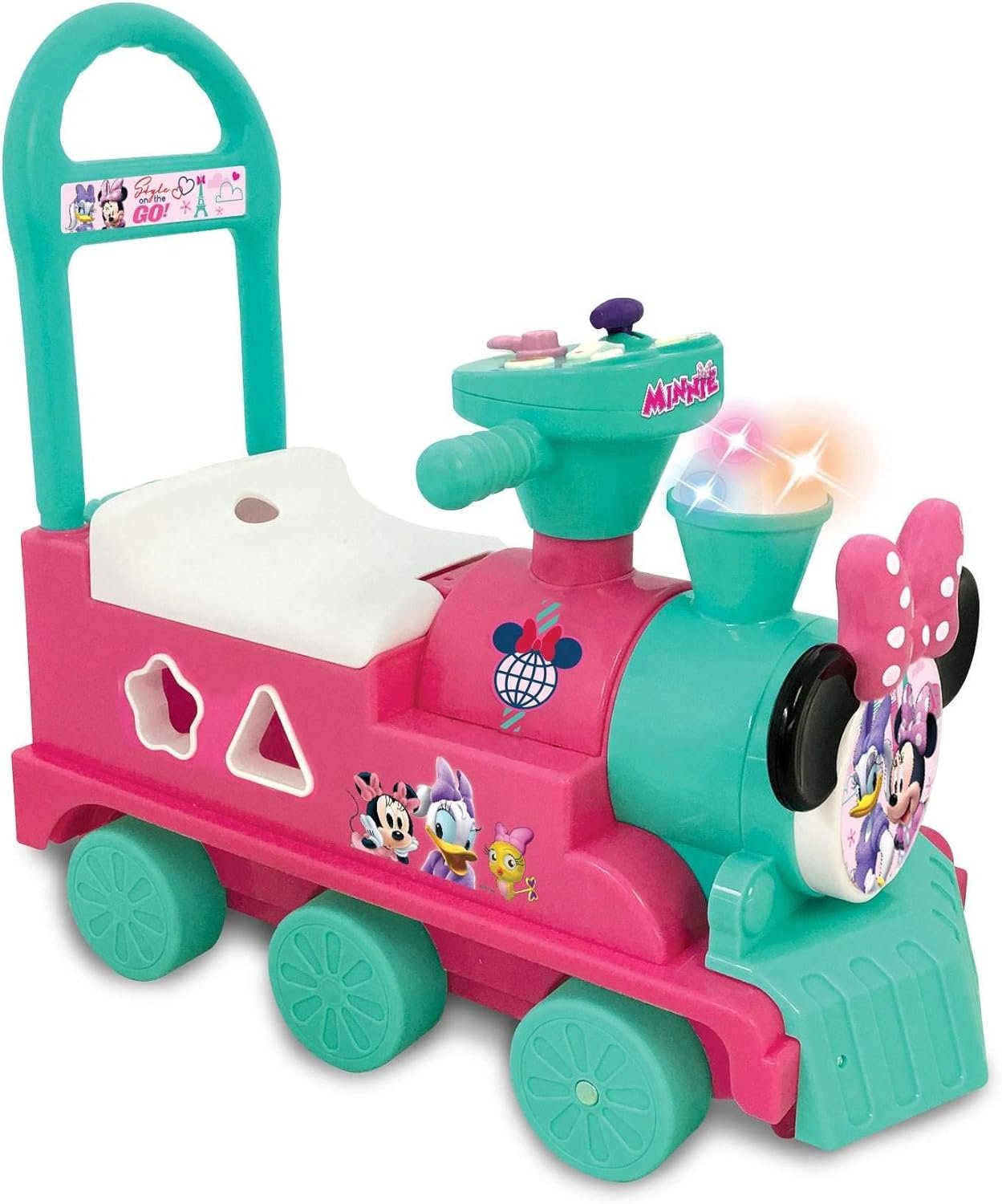 Kiddieland Disney Minnie Mouse Play n’ Sort Activity Train Ride-On with Lights, Sounds, Shape Sorter, Storage Seat, Push Handle, Ages 12–36 Months, Toddler Indoor Toy for Motor Skills
