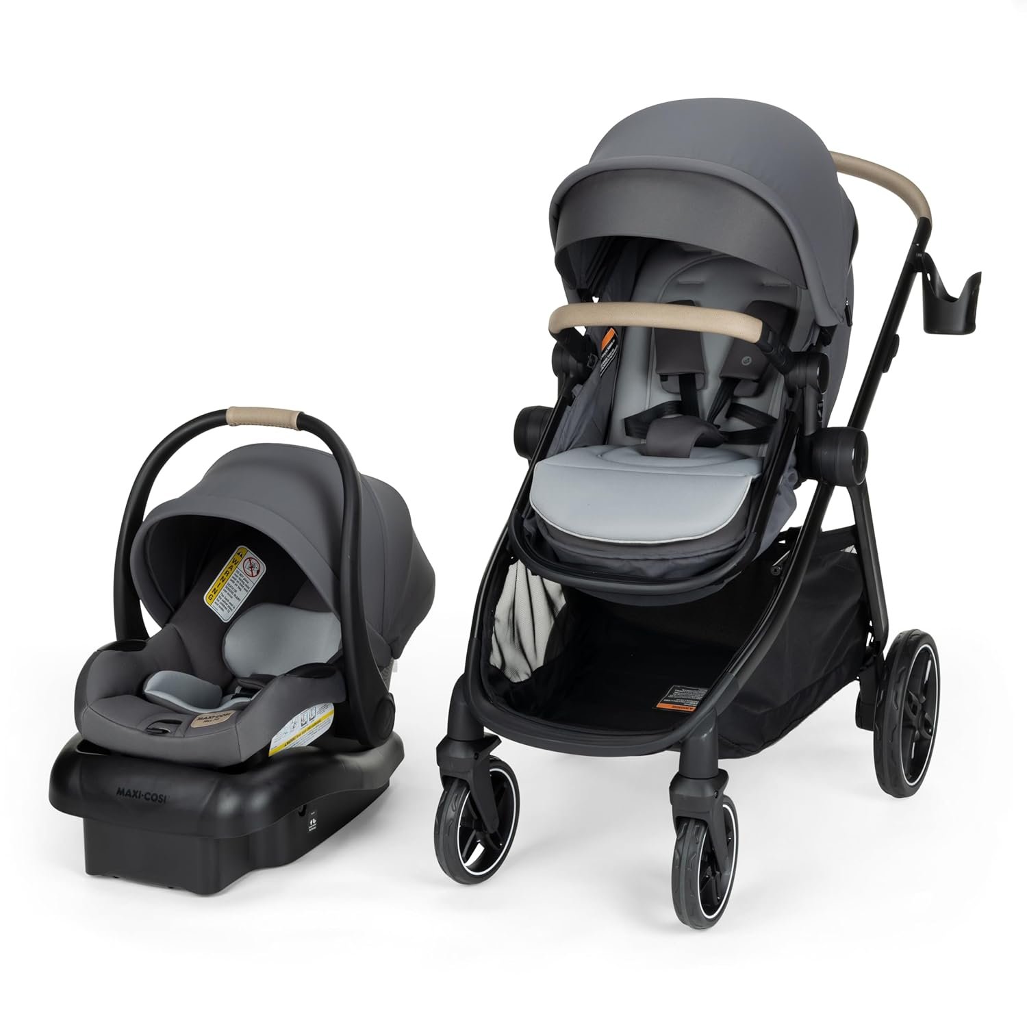 Maxi-Cosi Zelia Pro 5-in-1 Travel System with Mico Pro Infant Car Seat, Baby Stroller Combo, Reversible Seat, Large Wheels, Adjustable Handle, Newborn to Toddler, Lightweight, Sea Salt
