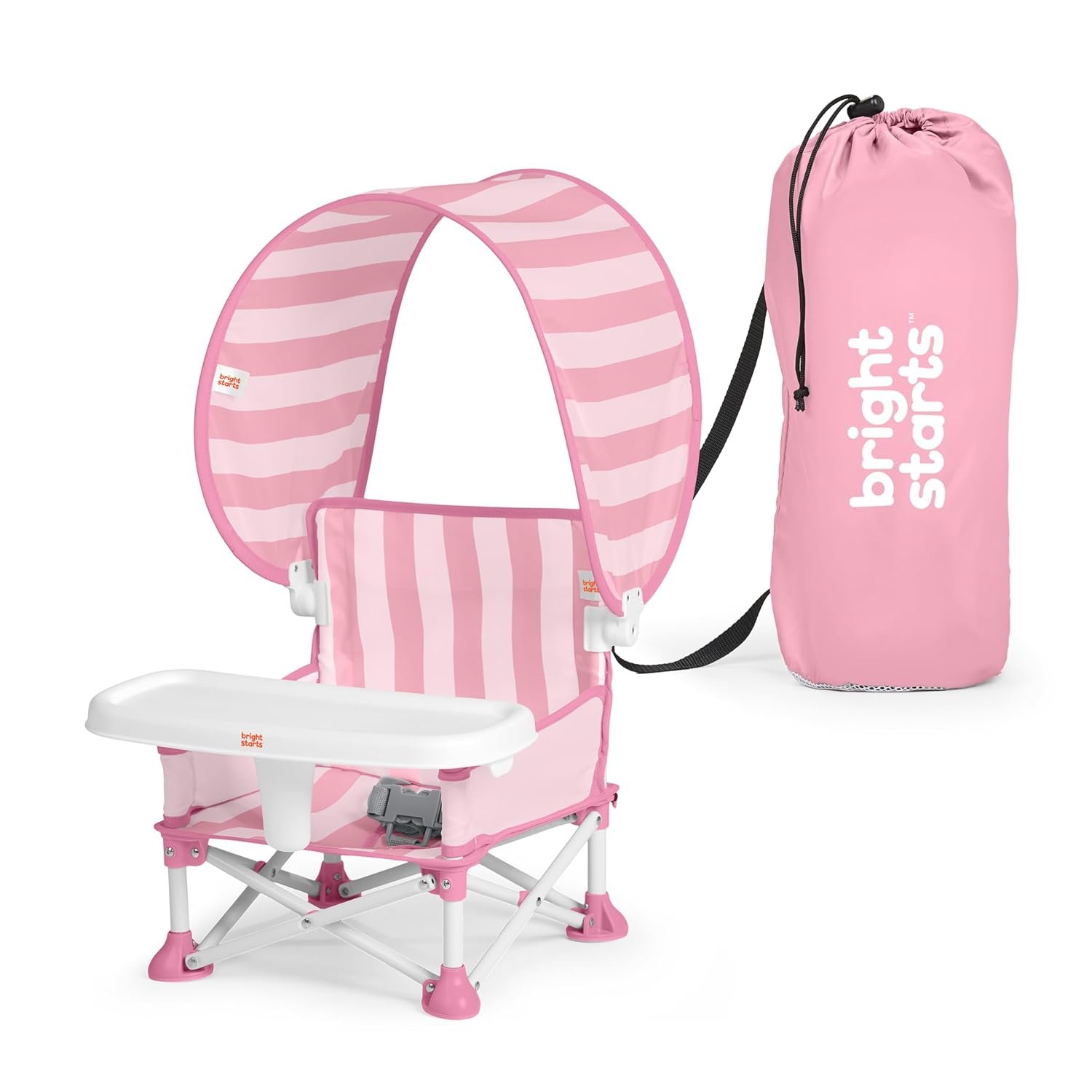 Bright Starts Pop ‘N Sit Cabana Baby Beach Portable Booster Chair with UPF Canopy, Floor Seat for Indoor/Outdoor Use, Compact Fold, Pink, 6 Months–3 Years
