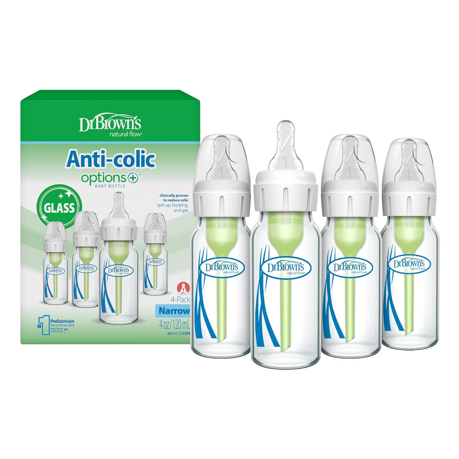 Dr. Brown’s Anti-Colic Options+ Narrow Glass Baby Bottle with Level 1 Slow Flow Nipple, BPA-Free, 4 oz/120mL, 4-Pack