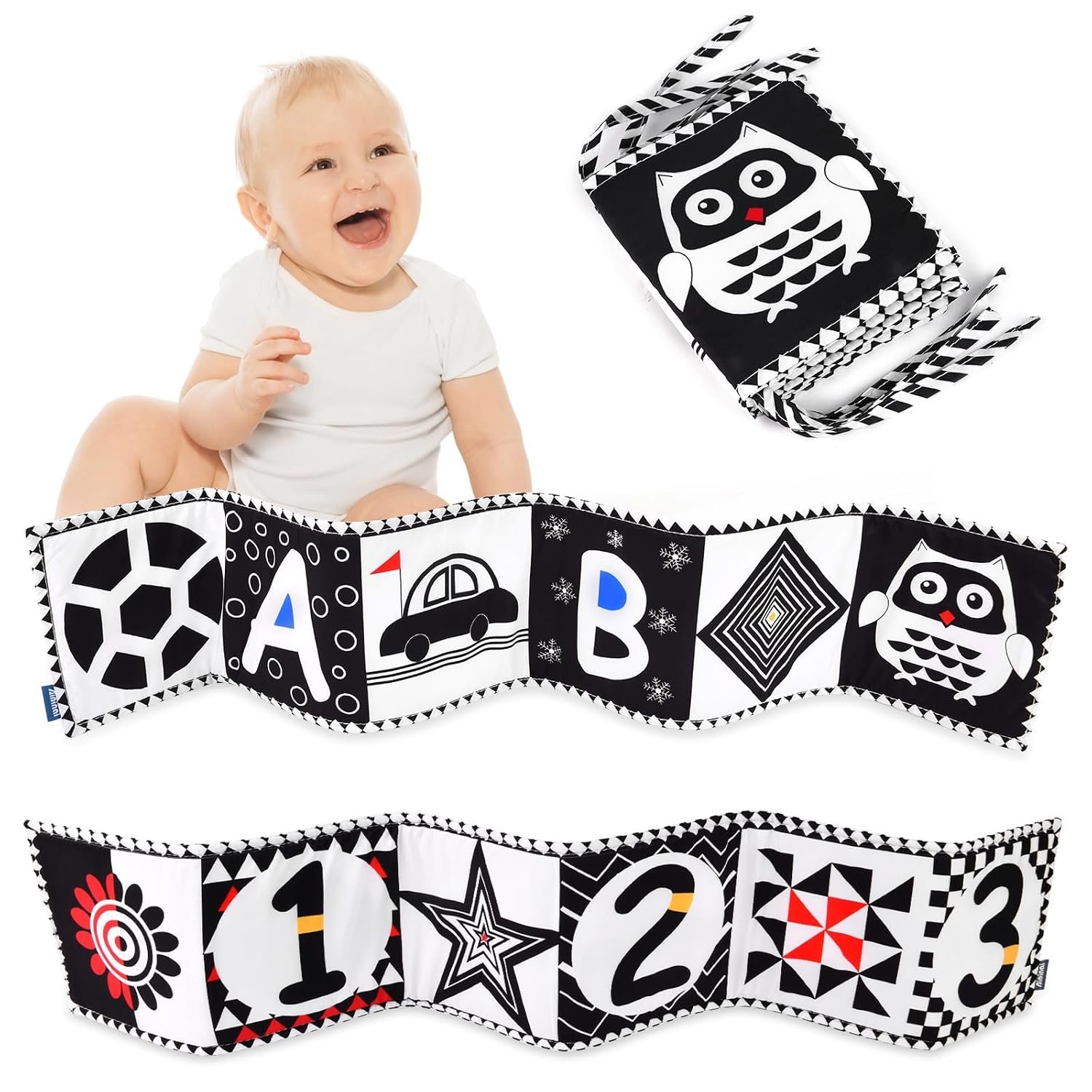 Vicloon Black and White High Contrast Baby Toys, Soft Baby Book for Newborn 0-3-6-12 Months, Infant Tummy Time Toys, Early Education Sensory Toys, Visual Stimulation Folding Cloth Book for Boys Girls