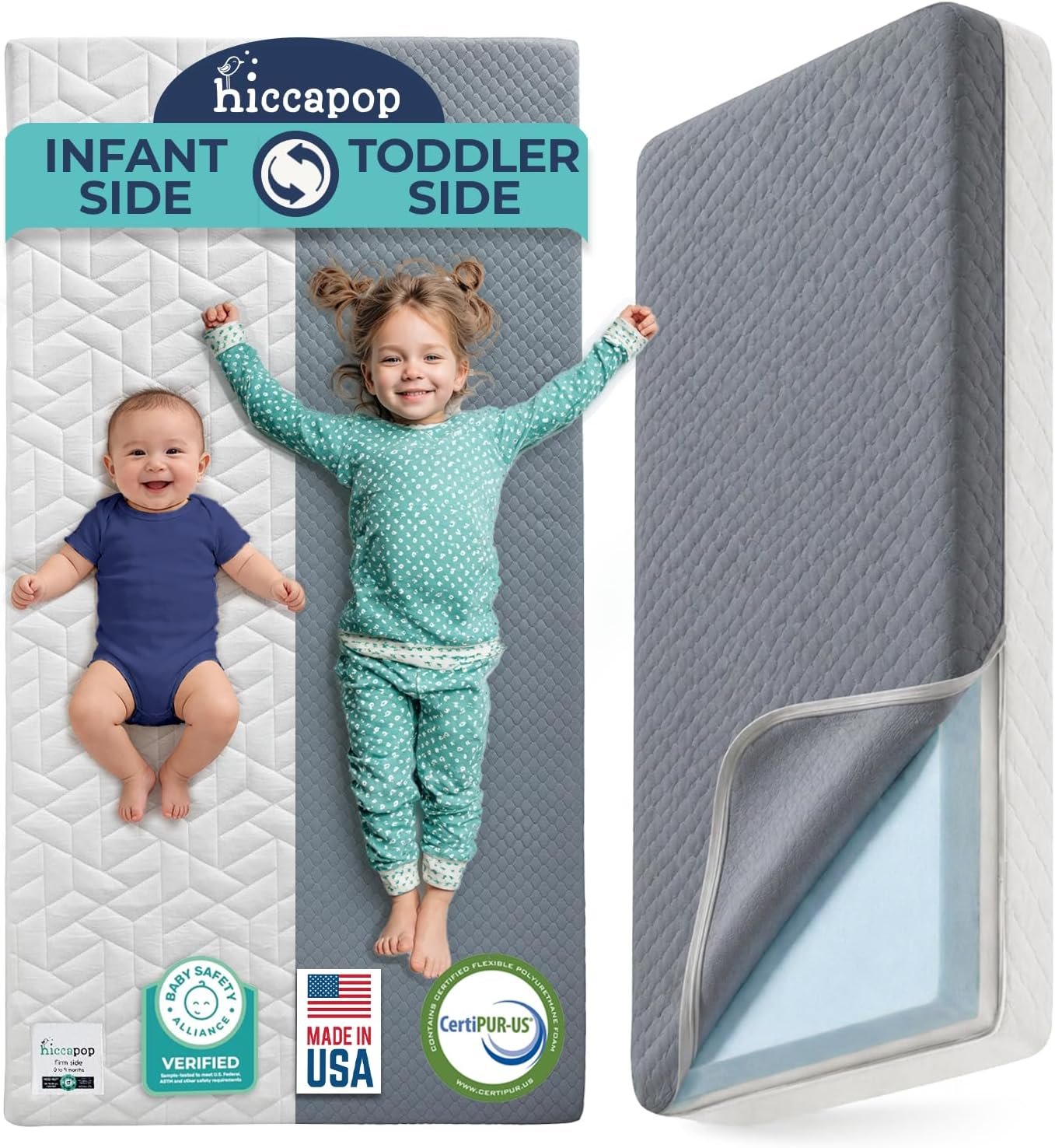 Hiccapop Baby Crib Mattress, Waterproof, Dual Sided Foam Baby Mattress, Firm Side for Babies, Soft Memory Foam Side for Toddlers, Made in USA