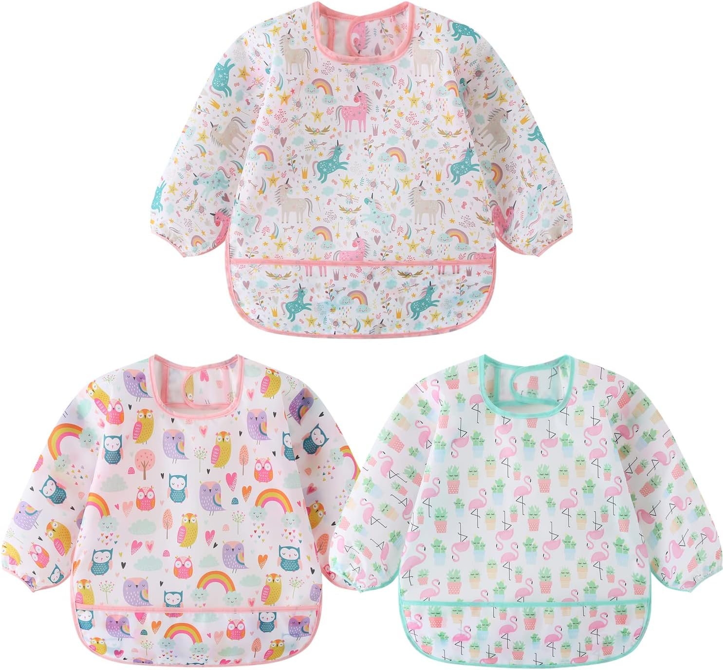 3 Pcs Waterproof Long Sleeves Baby Bibs Weaning Smock Bib 3-24 Months