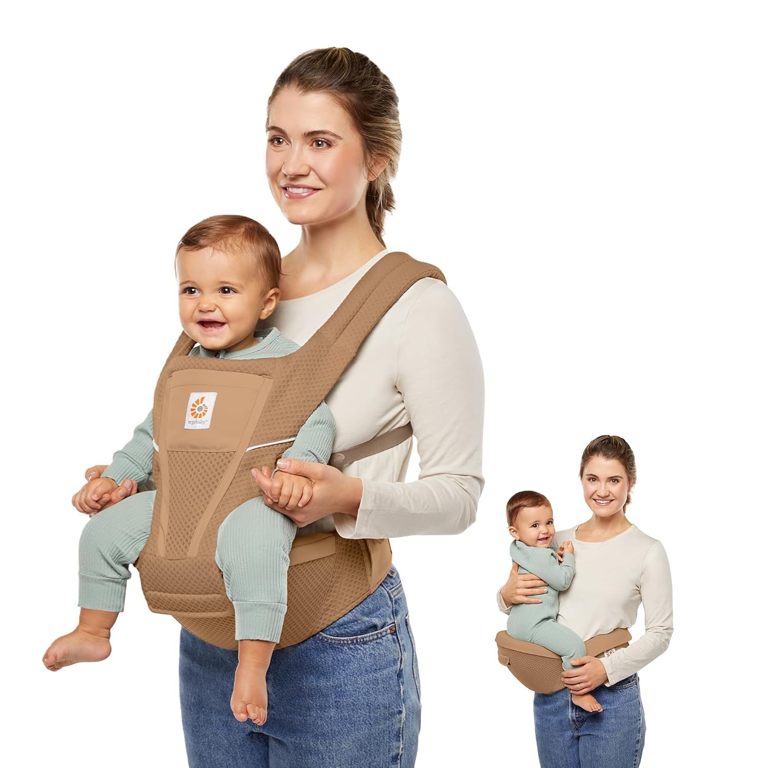 Ergobaby Alta Hip Seat Baby Carrier for Babies & Toddlers 4-48 Months (12-45 lbs) – 3-Position Convertible Ergonomic Baby Carrier with Storage Pocket, Sun Hood, Hip-Healthy Positioning – Camel