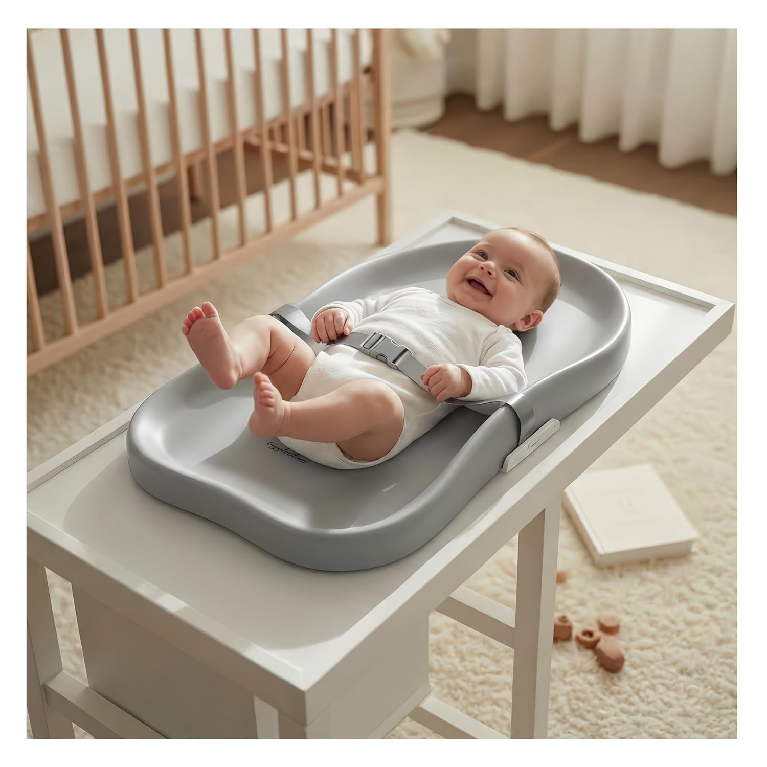 Baby Diaper Changing Pad with Adjustable Belt – Portable, Waterproof, Peanut-Shaped Design, Non-Slip Base for Table and Dresser, Grey