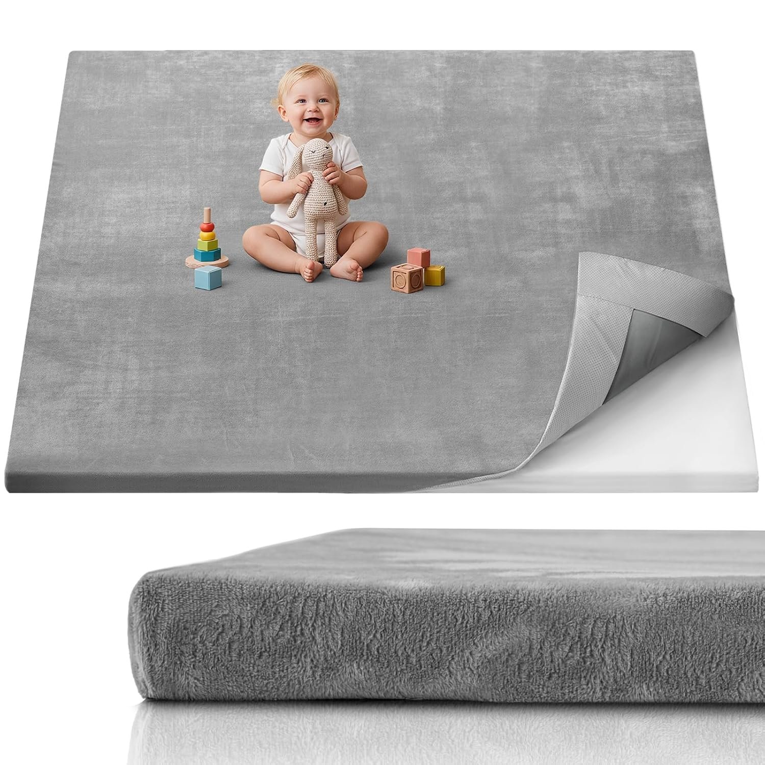 Blissful Diary 1.3″ Thick Baby Play Mat, 71×59 Playpen Mat with Removable & Washable Cover, Extra Large Crawling Rug for Floor, Foam Cushion & Non-Slip Backing for Kid, Toddler and Infants, Light Grey