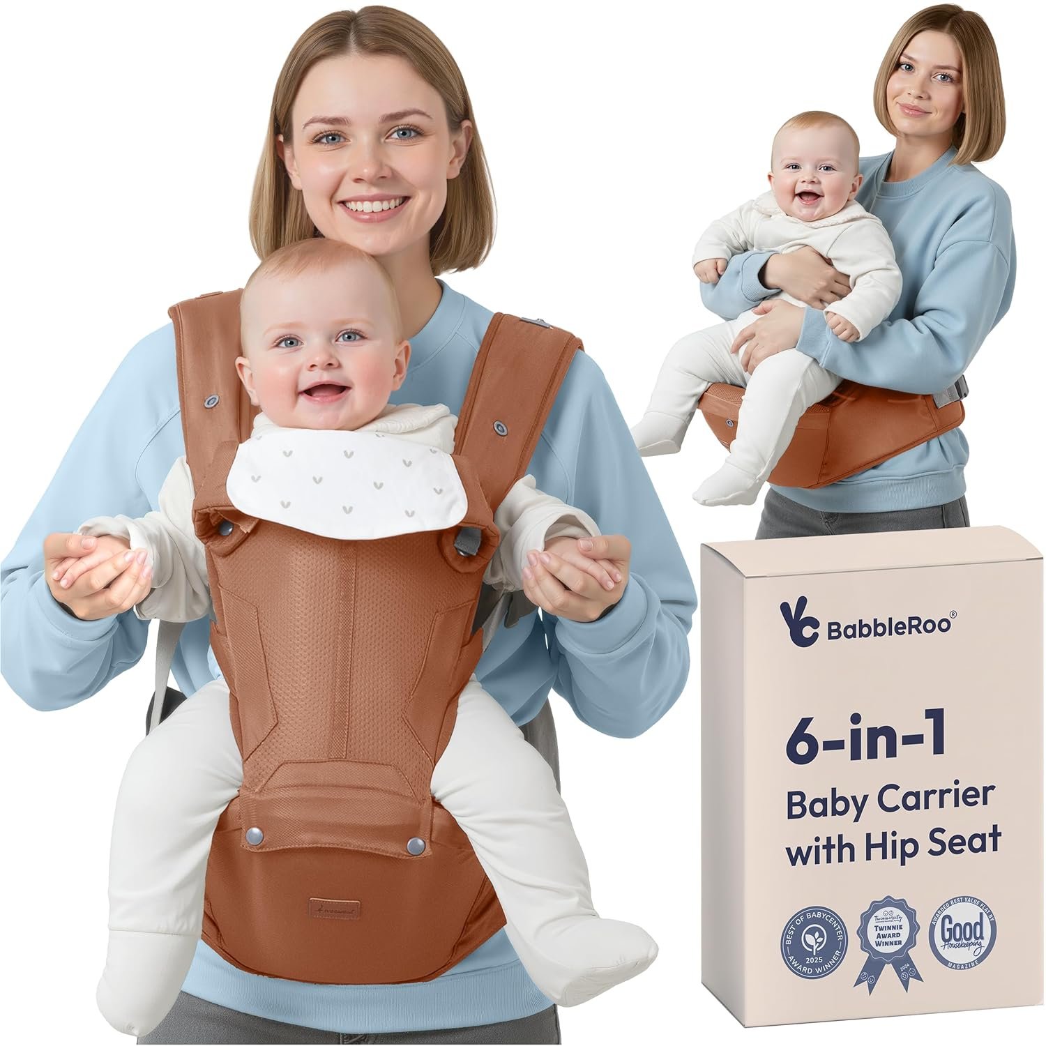 BabbleRoo 6-in-1 Baby Carrier with Hip Seat, Ergonomic Newborn to Toddler Carrier 7–50 lbs, Front Back Hip Carry, Lumbar Support, Sun Hood, Safety-Certified, Kangaroo Rose