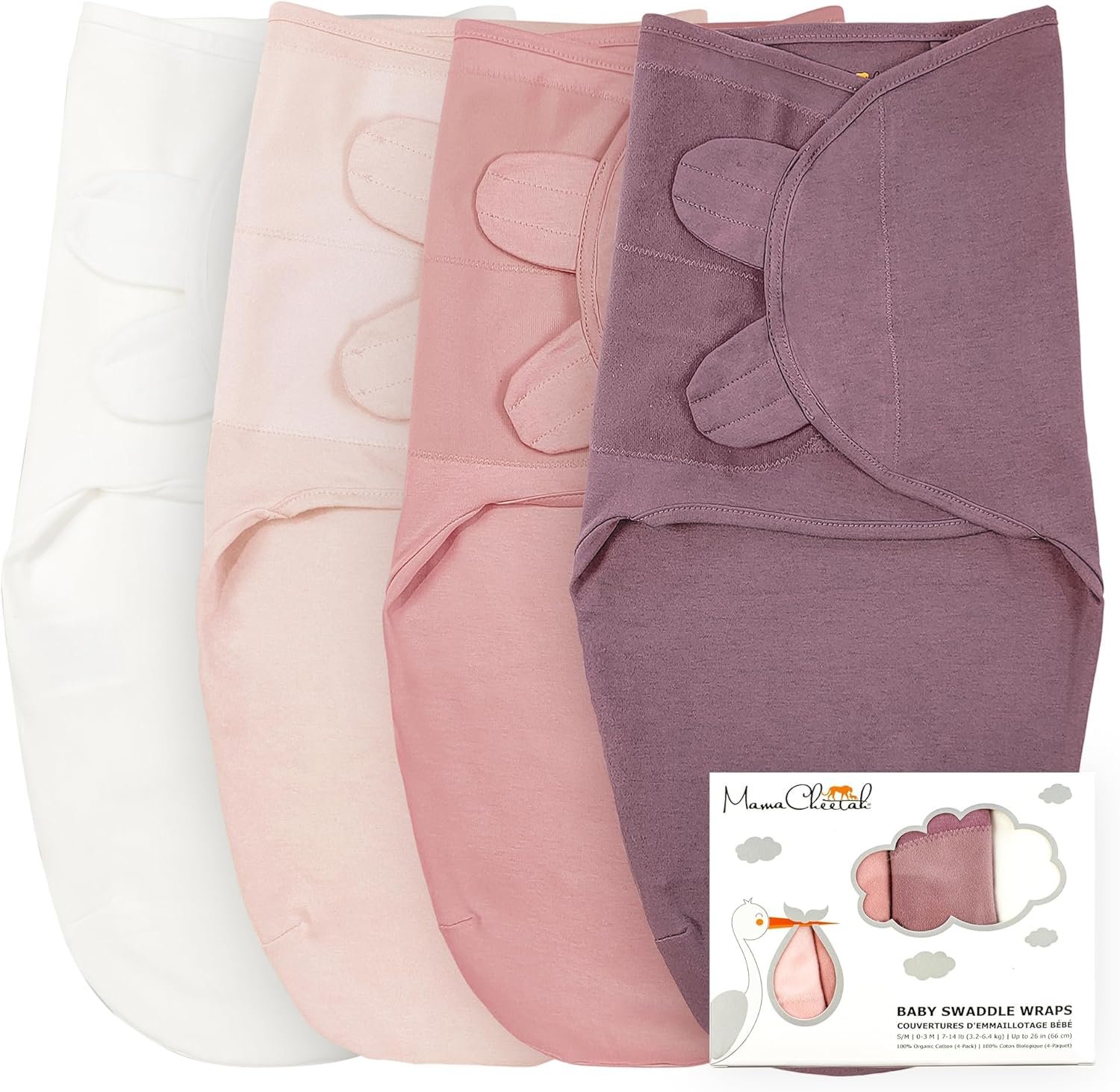 Mama Cheetah Baby Swaddle Sack, 100% Organic Cotton Swaddle Blanket 4-Pack, Adjustable Swaddle Sleep Sacks, Easy Swaddles for Girls 0-3 Month, Baby Essentials