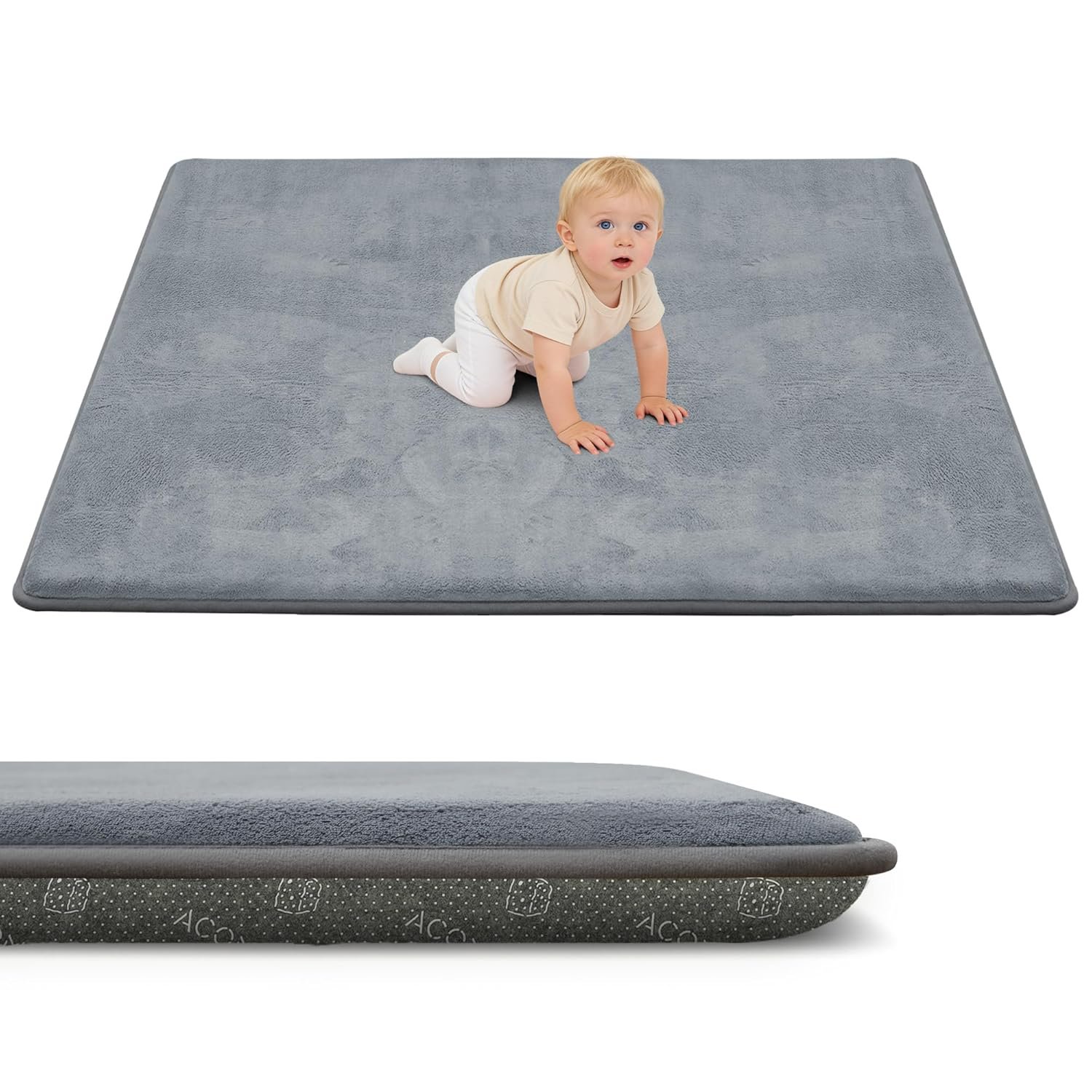 ACOMOPACK 1.3″ Thick Baby Play Mat for Floor 59×71-Large Water-Repellent&Non-Slip Memory Foam Mat for Kids,Toddlers,Soft Velvet Nursery Rug for Tummy Time&Crawling,Yoga,Tatami Style(Grey)