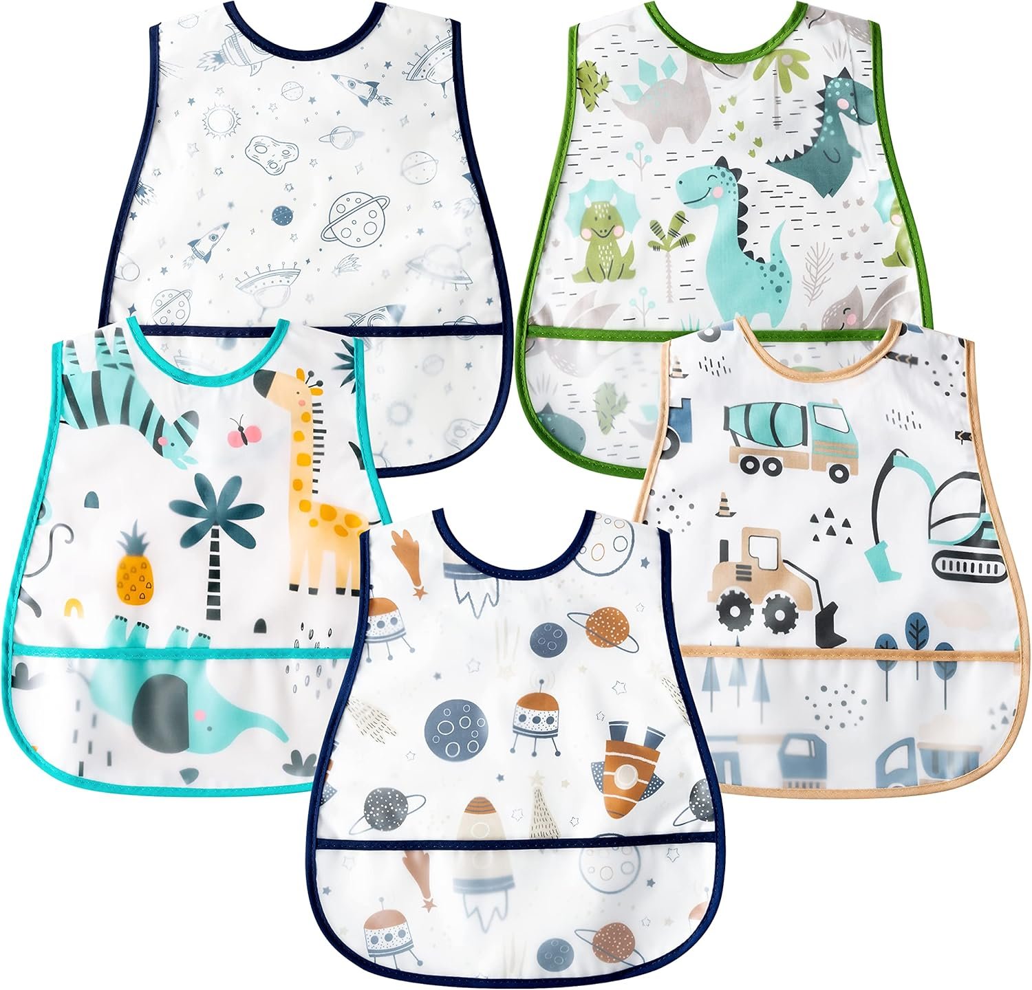 R HORSE 5Pcs Baby Bibs Set Toddler Bibs with Crumb Catcher Pocket & Snap Button Waterproof Baby Feeding Bibs for 6-24 Months