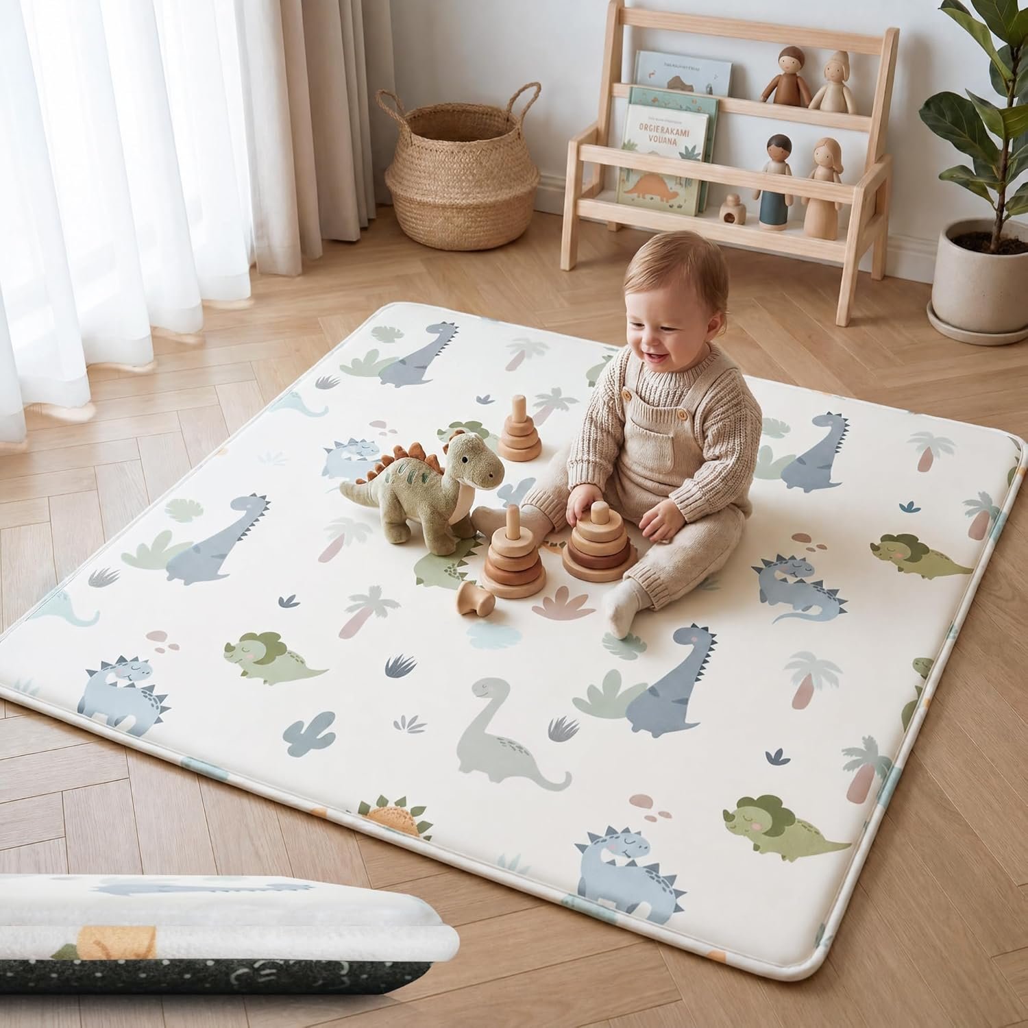 1.5″ Thick Baby Play Mat 50×50 Memory Foam Crawling Mat for Floor, Non-Slip Tummy Time Playmat for Toddlers Infant, Nursery, Dinosaurs