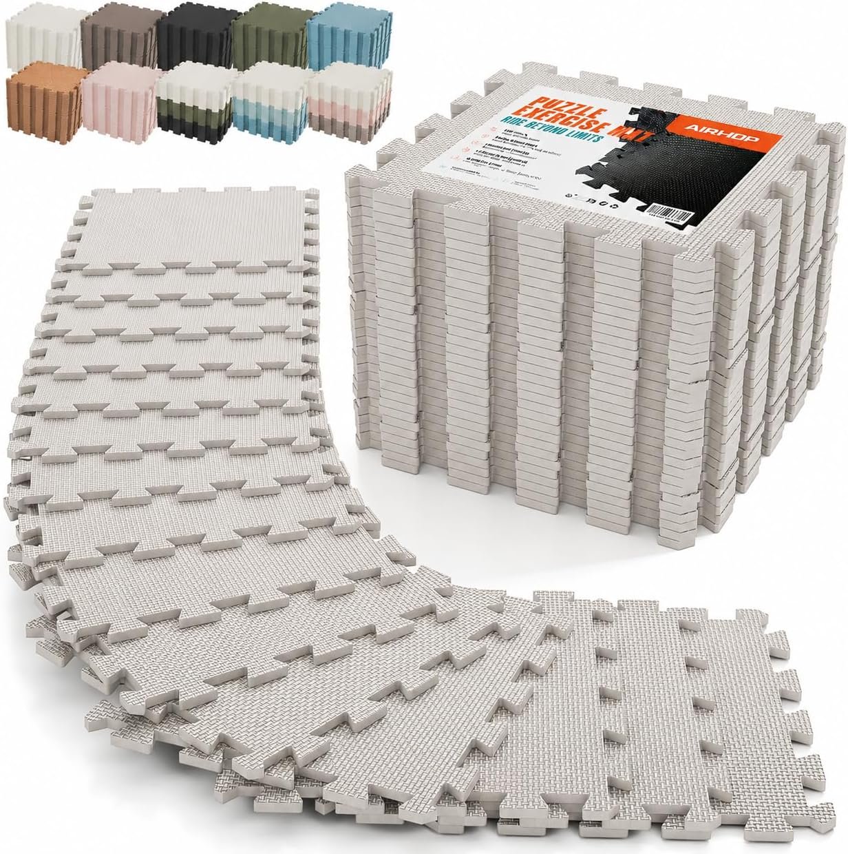 AIRHOP 18 PCS Gym Floor Mat, EVA Foam Puzzle Gym Mat, High-Density Interlocking Foam Floor Tiles for Home Gym, Play Workout Garage Kitchen Flooring 12.6″x12.6″x0.4″